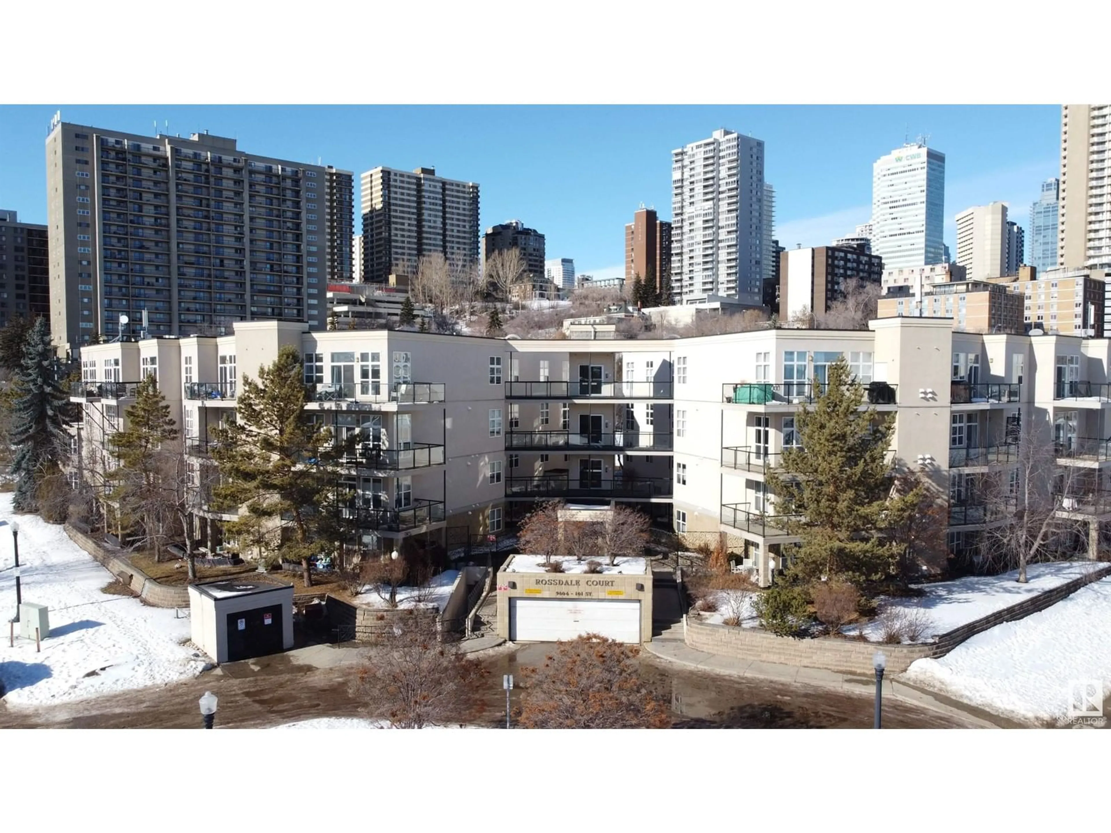 A pic from outside/outdoor area/front of a property/back of a property/a pic from drone, city buildings view from balcony for #109 9804 101 ST NW, Edmonton Alberta T5K2X3