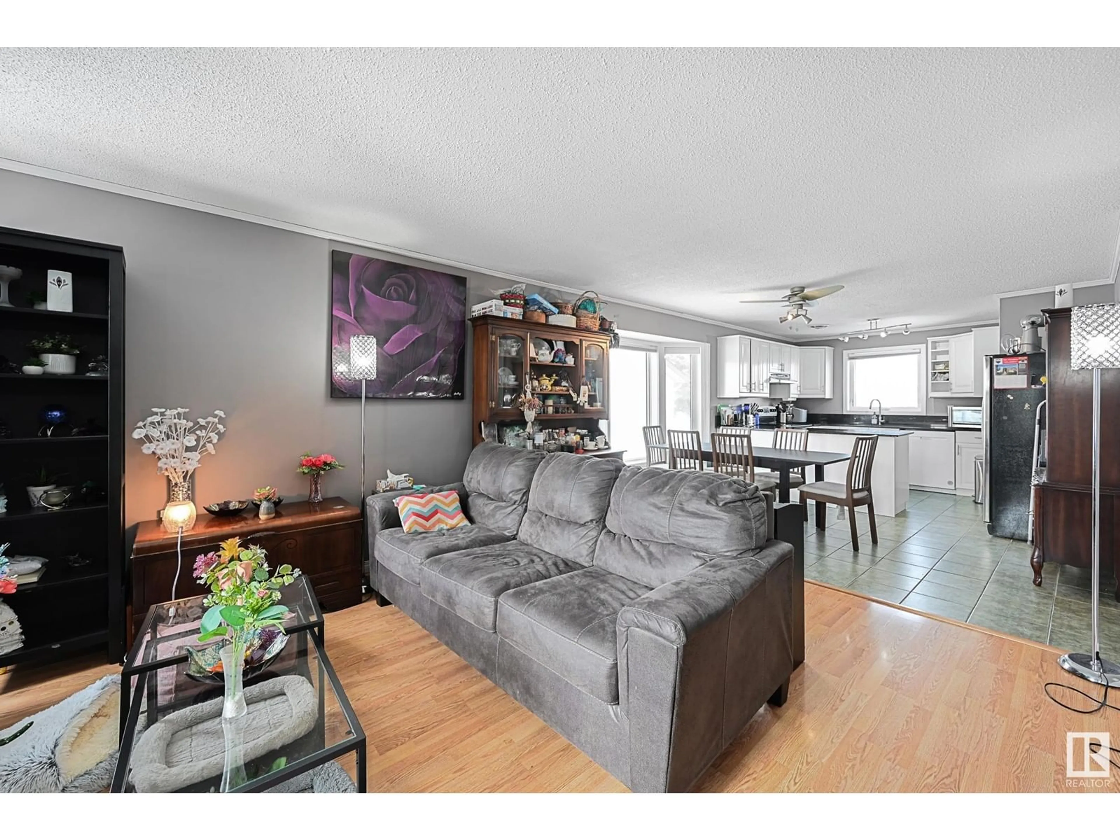 Living room with furniture, wood/laminate floor for 11908 164 AV NW, Edmonton Alberta T5X4X1