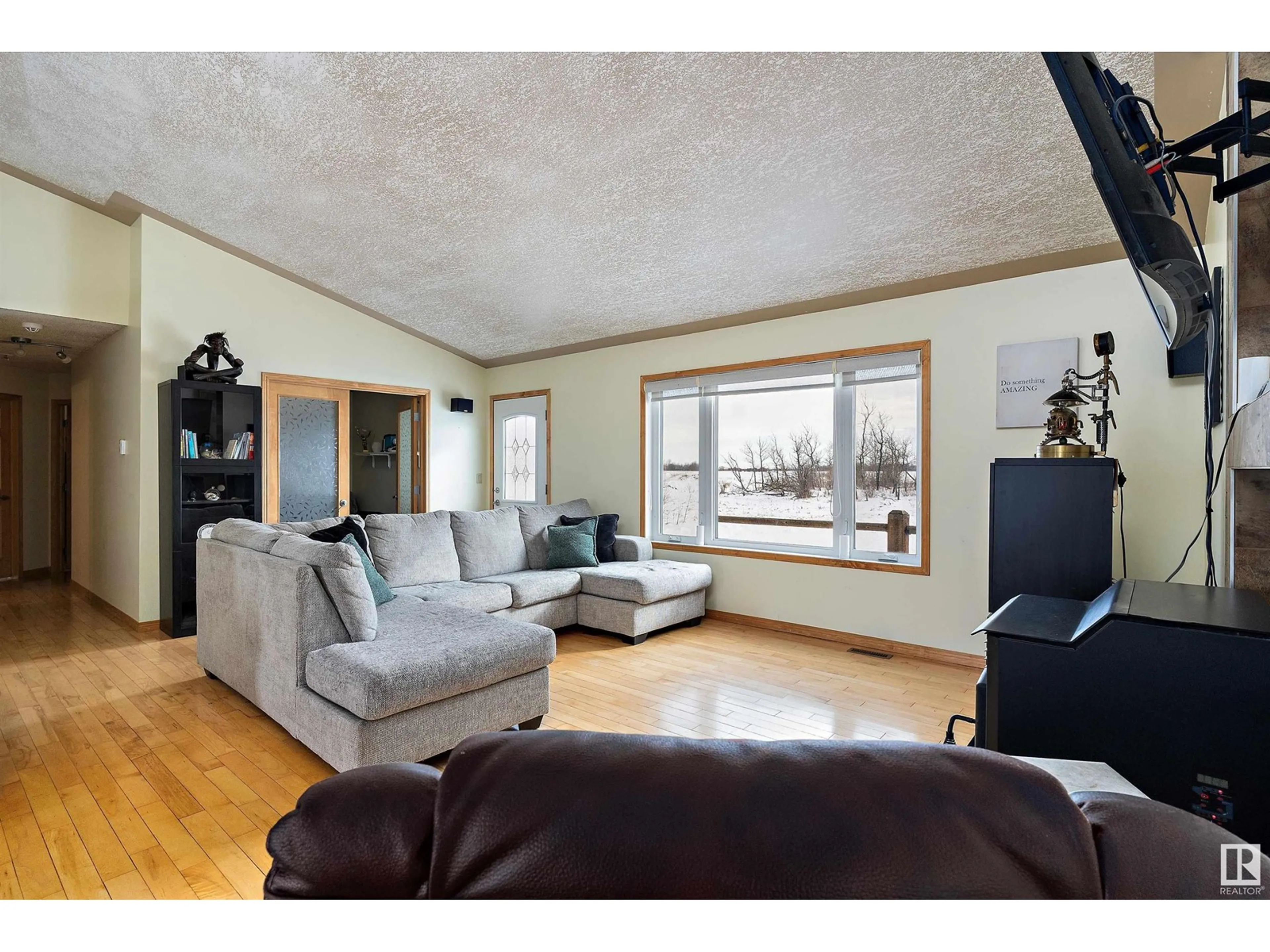 Living room with furniture, wood/laminate floor for 48245 Range Rd 212, Rural Camrose County Alberta T0B0G0