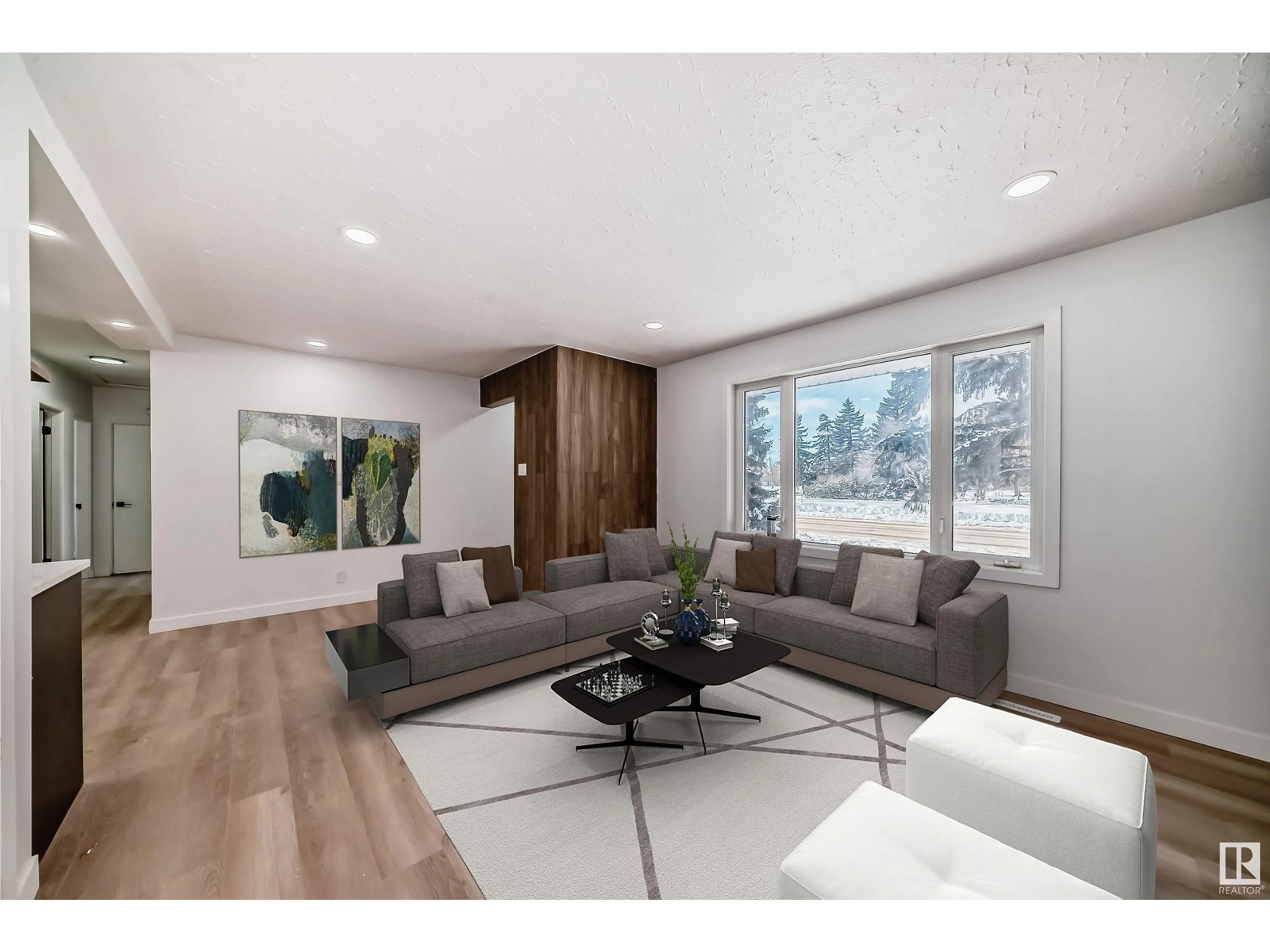 Living room with furniture, wood/laminate floor for NW - 13215 135 ST, Edmonton Alberta T5L1Y8