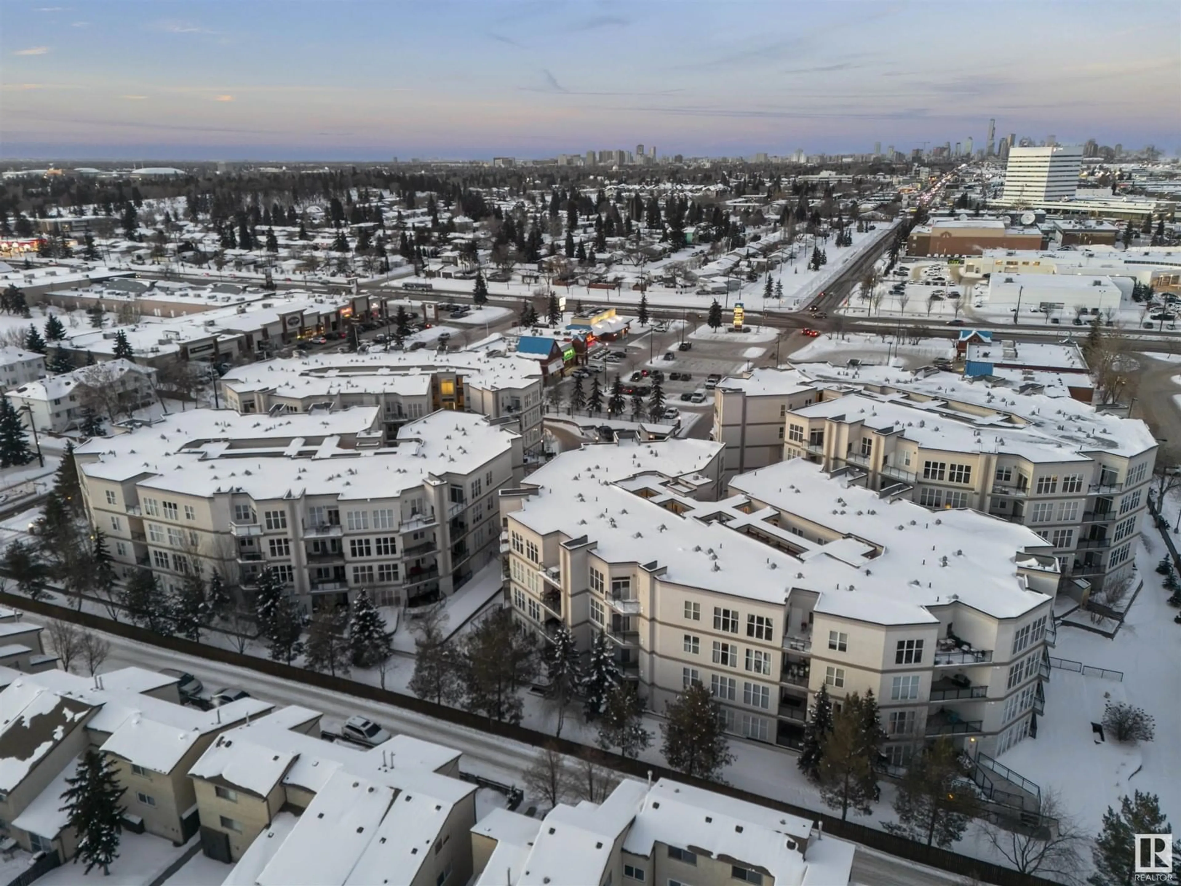 A pic from outside/outdoor area/front of a property/back of a property/a pic from drone, city buildings view from balcony for #404 4835 104A ST NW, Edmonton Alberta T6H0R5