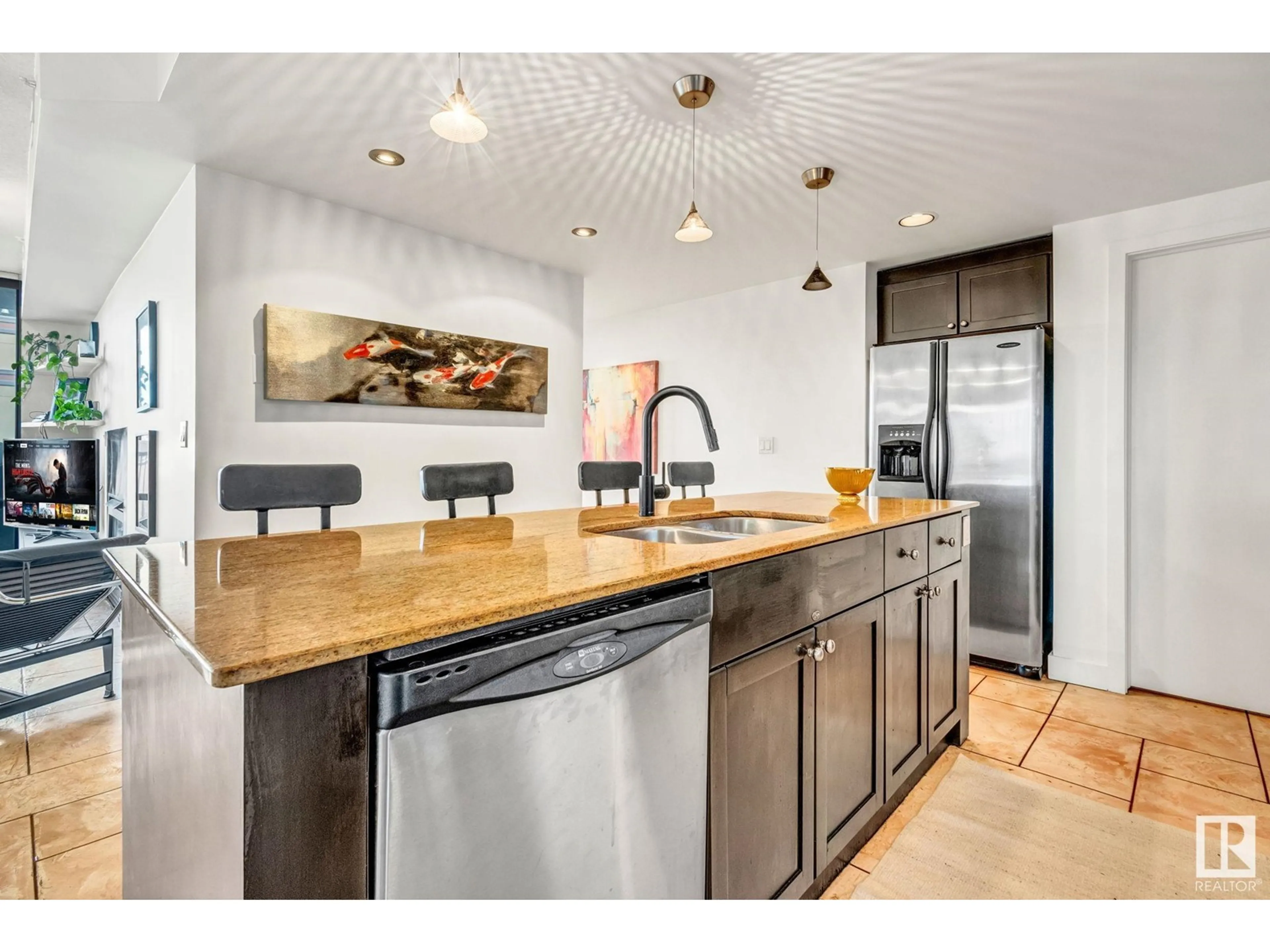 Open concept kitchen, ceramic/tile floor for #403 - 10028 119 ST NW, Edmonton Alberta T5K1Y8