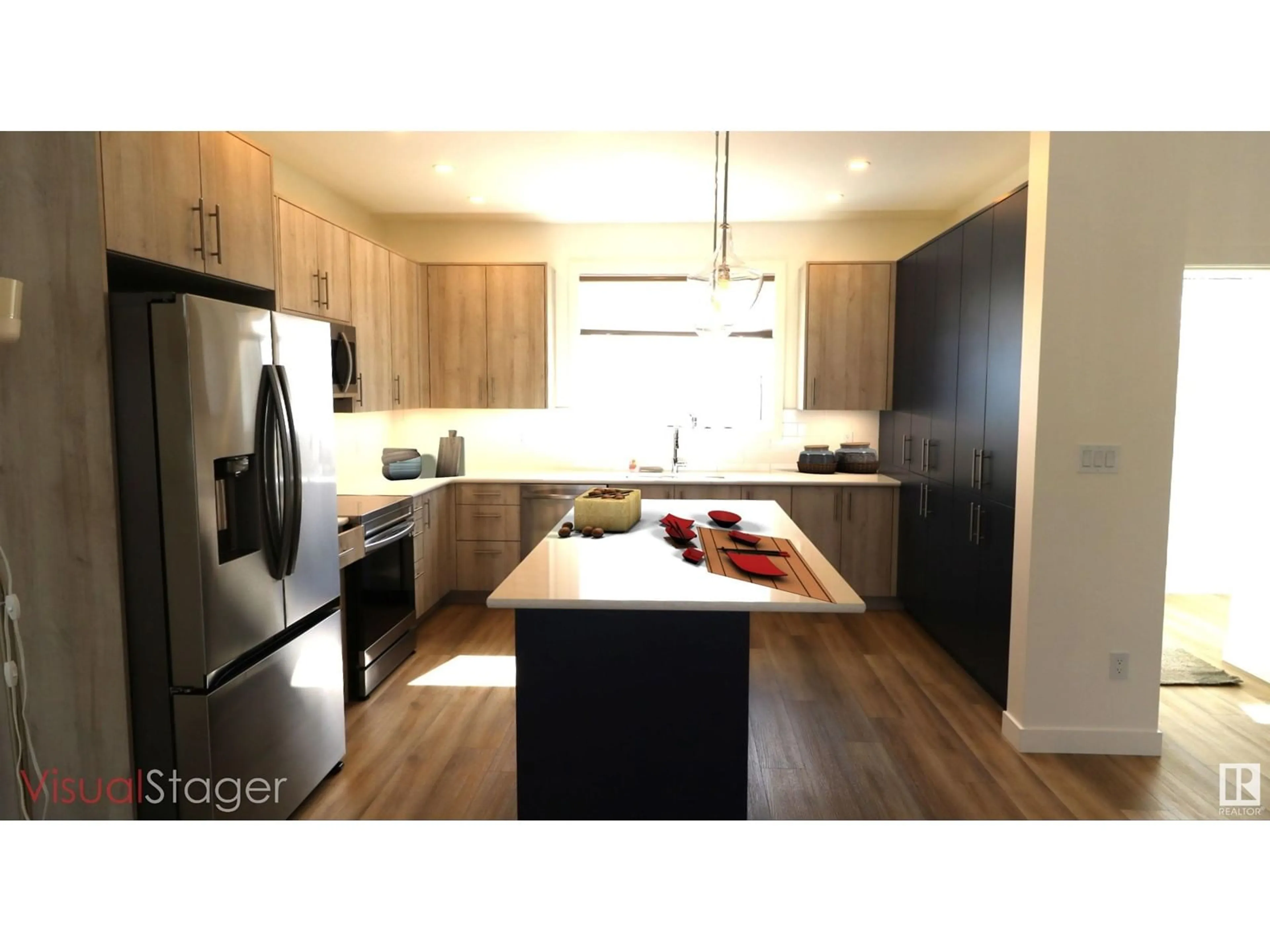 Open concept kitchen, wood/laminate floor for 12811 113 AV, Edmonton Alberta T5M2W6