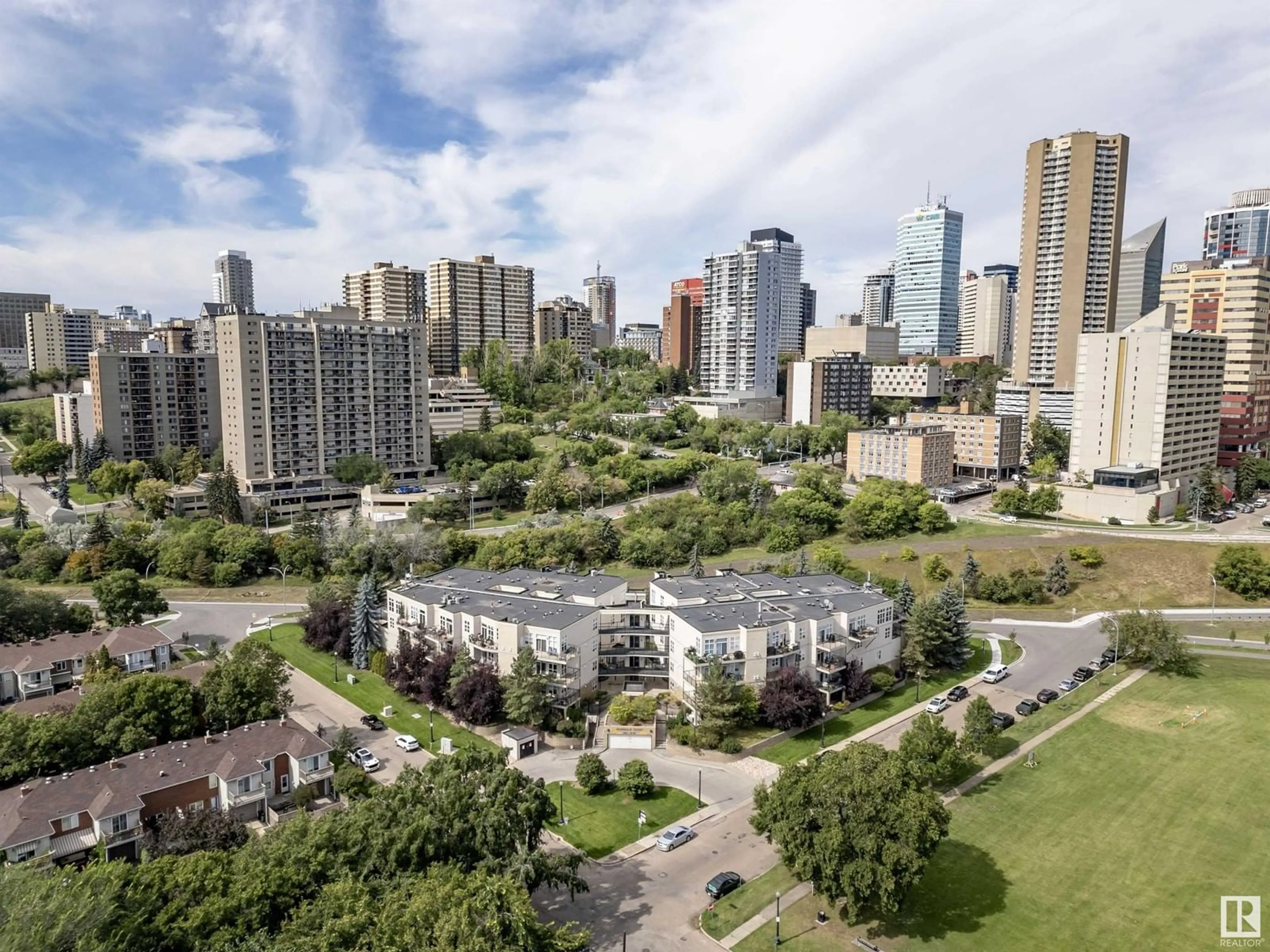 A pic from outside/outdoor area/front of a property/back of a property/a pic from drone, city buildings view from balcony for #107 9804 101 ST NW, Edmonton Alberta T5K2X3