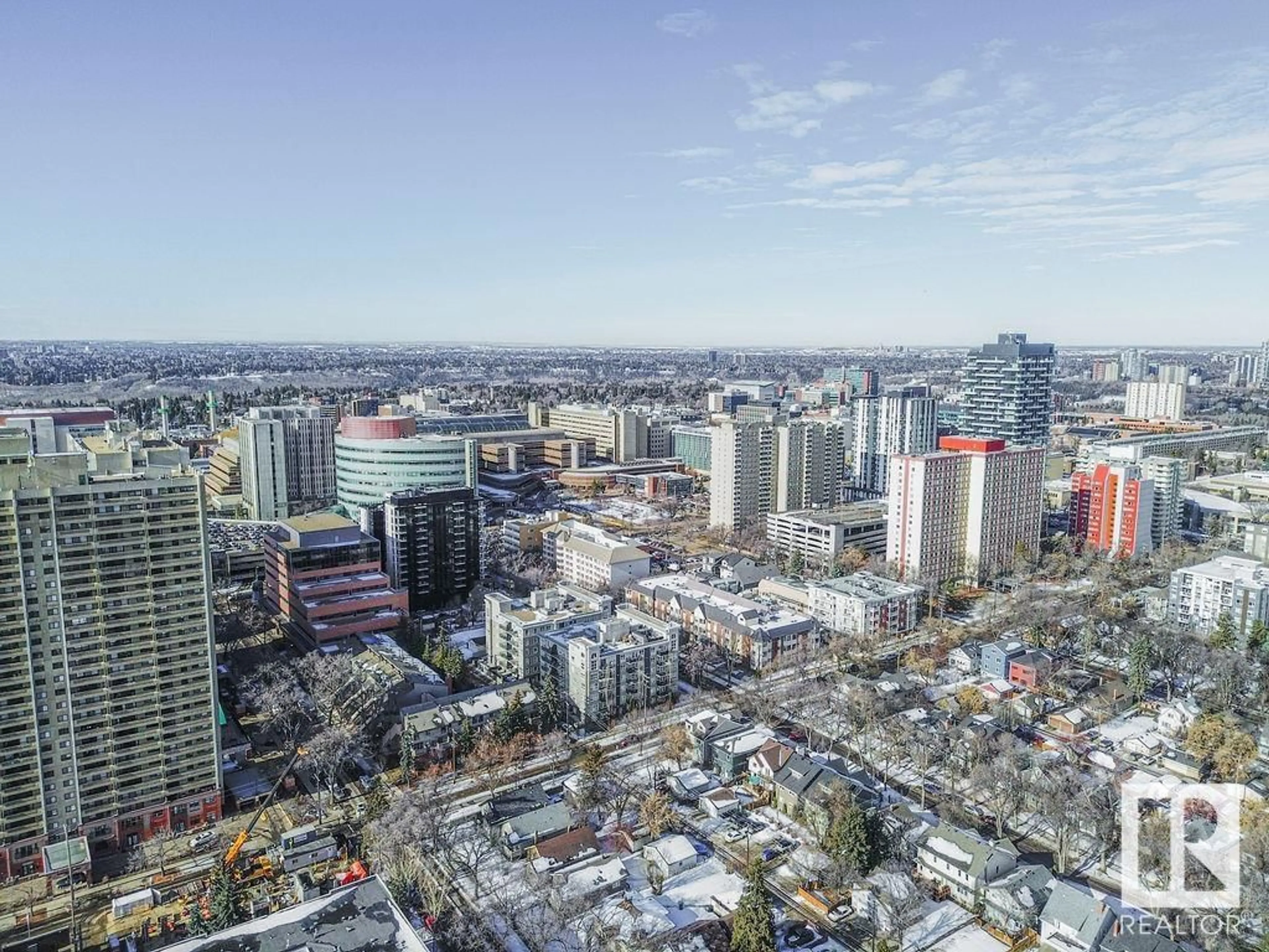 A pic from outside/outdoor area/front of a property/back of a property/a pic from drone, city buildings view from balcony for #301 8125 110 ST NW, Edmonton Alberta T6G2P3