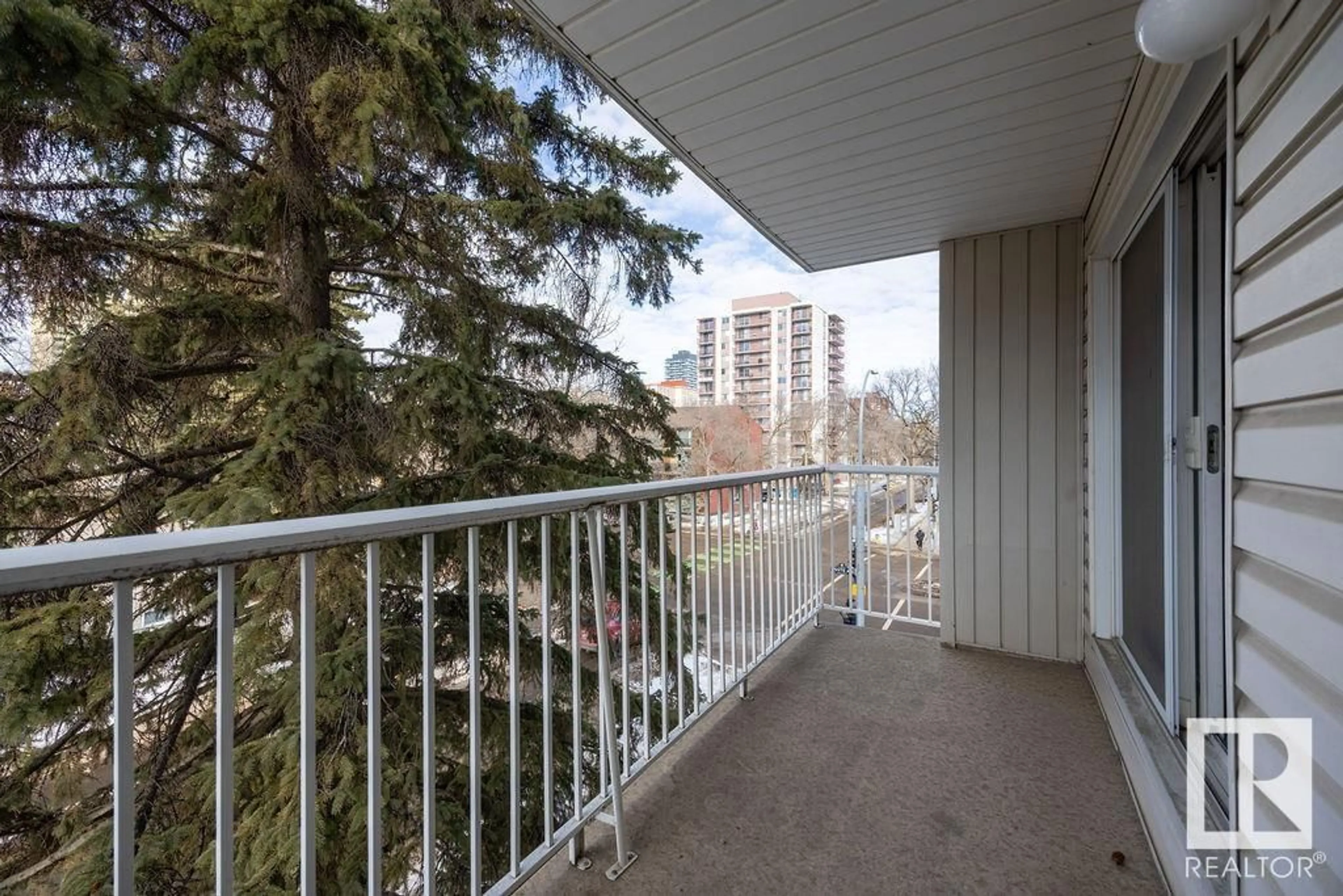 Balcony in the apartment, city buildings view from balcony for #301 8125 110 ST NW, Edmonton Alberta T6G2P3