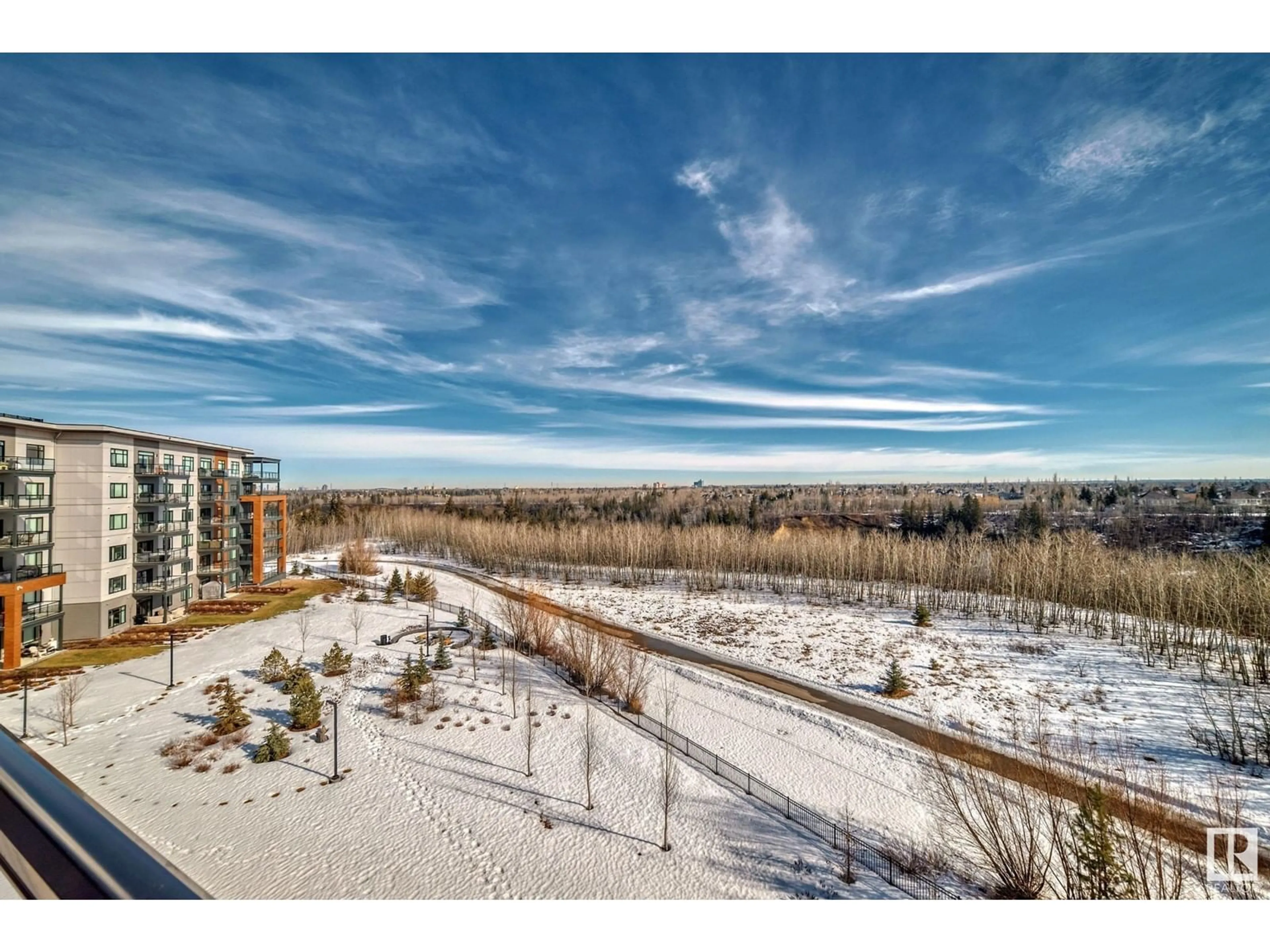 A pic from outside/outdoor area/front of a property/back of a property/a pic from drone, water/lake/river/ocean view for #515 7463 MAY CM NW, Edmonton Alberta T6R0X1