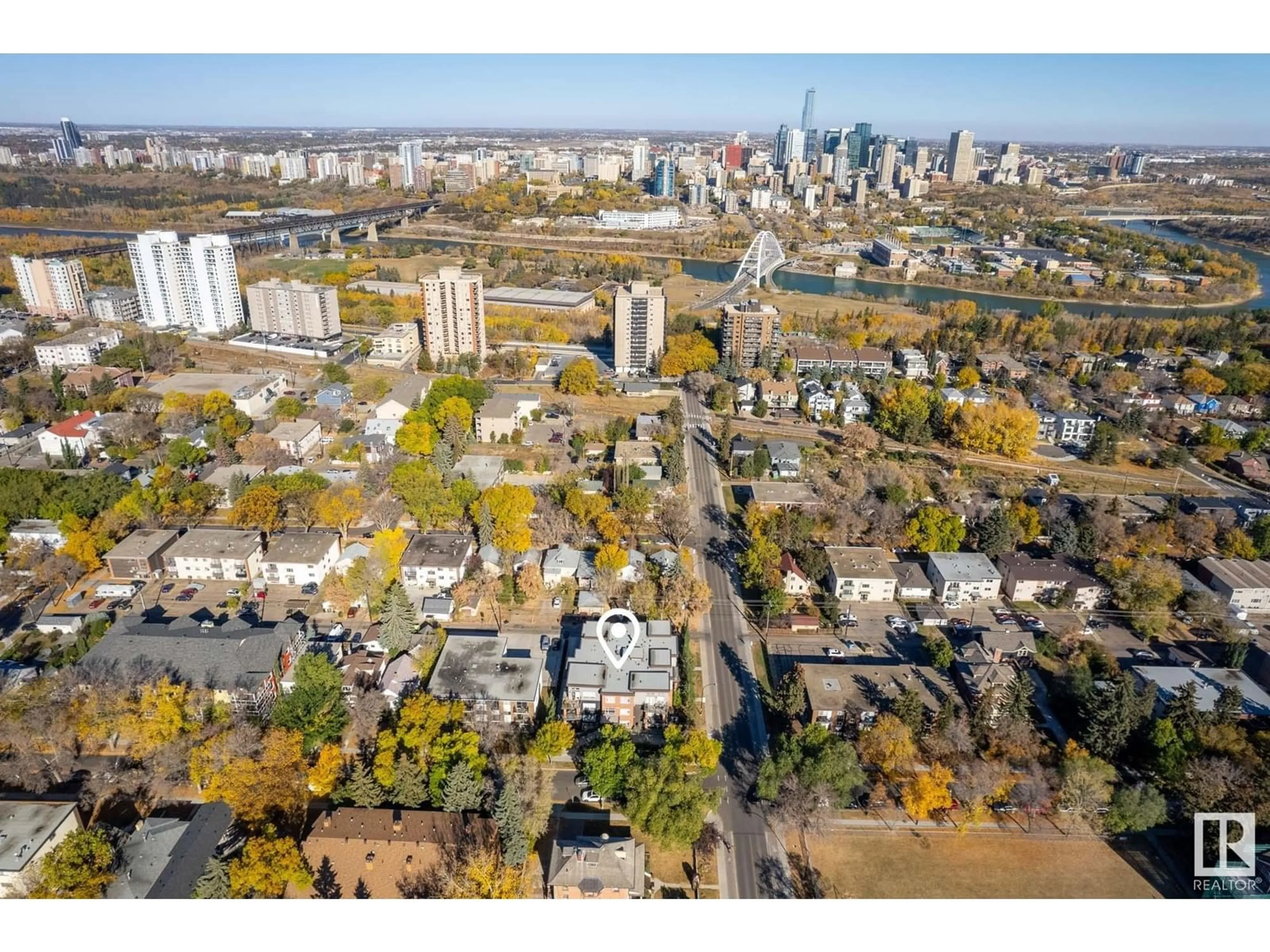 A pic from outside/outdoor area/front of a property/back of a property/a pic from drone, city buildings view from balcony for #205 10606 84 AV NW, Edmonton Alberta T6E2H6