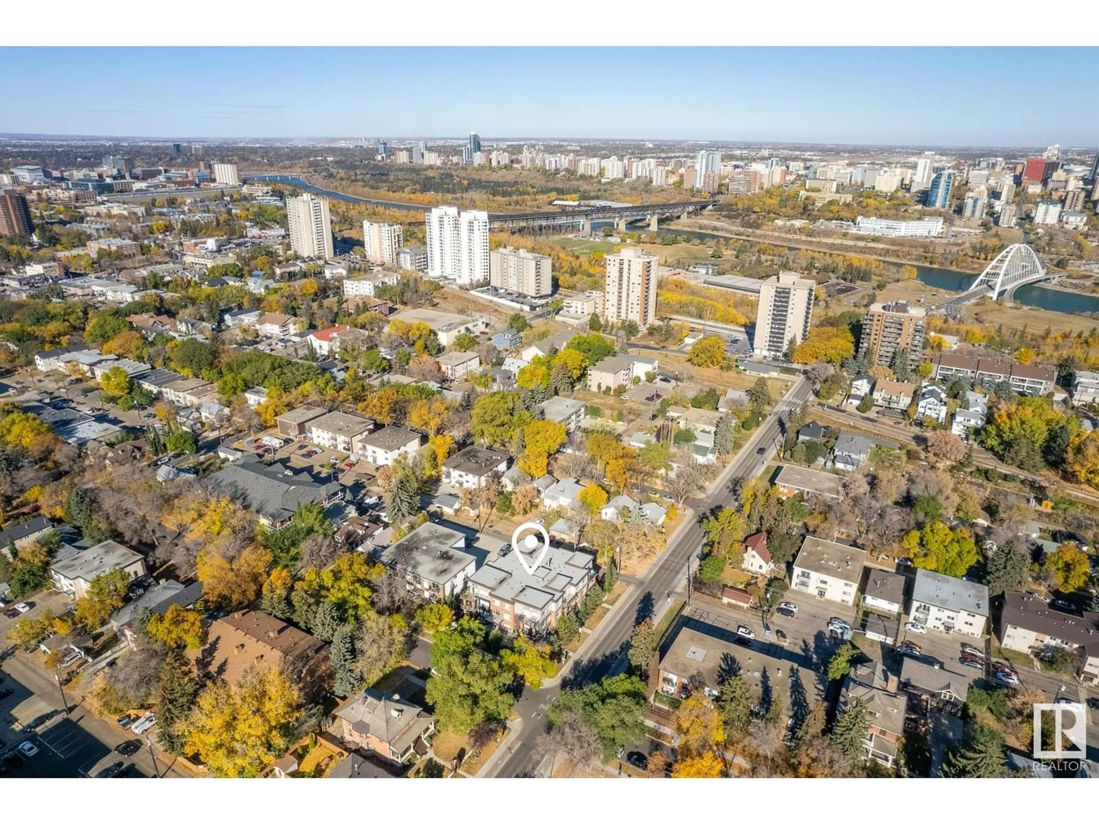 A pic from outside/outdoor area/front of a property/back of a property/a pic from drone, city buildings view from balcony for #205 10606 84 AV NW, Edmonton Alberta T6E2H6