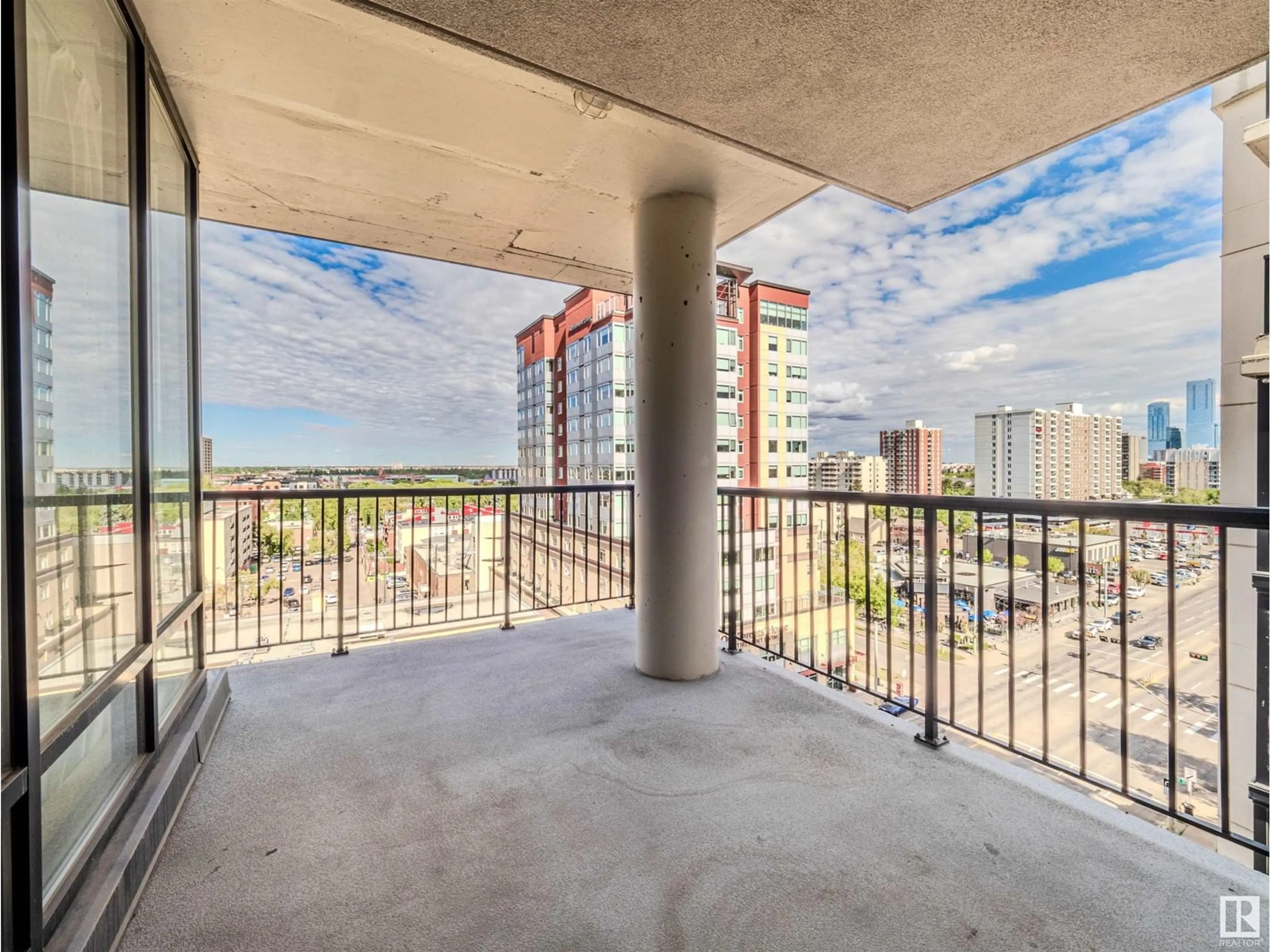 Balcony in the apartment, city buildings view from balcony for #902 11933 JASPER AV NW, Edmonton Alberta T5K0P1