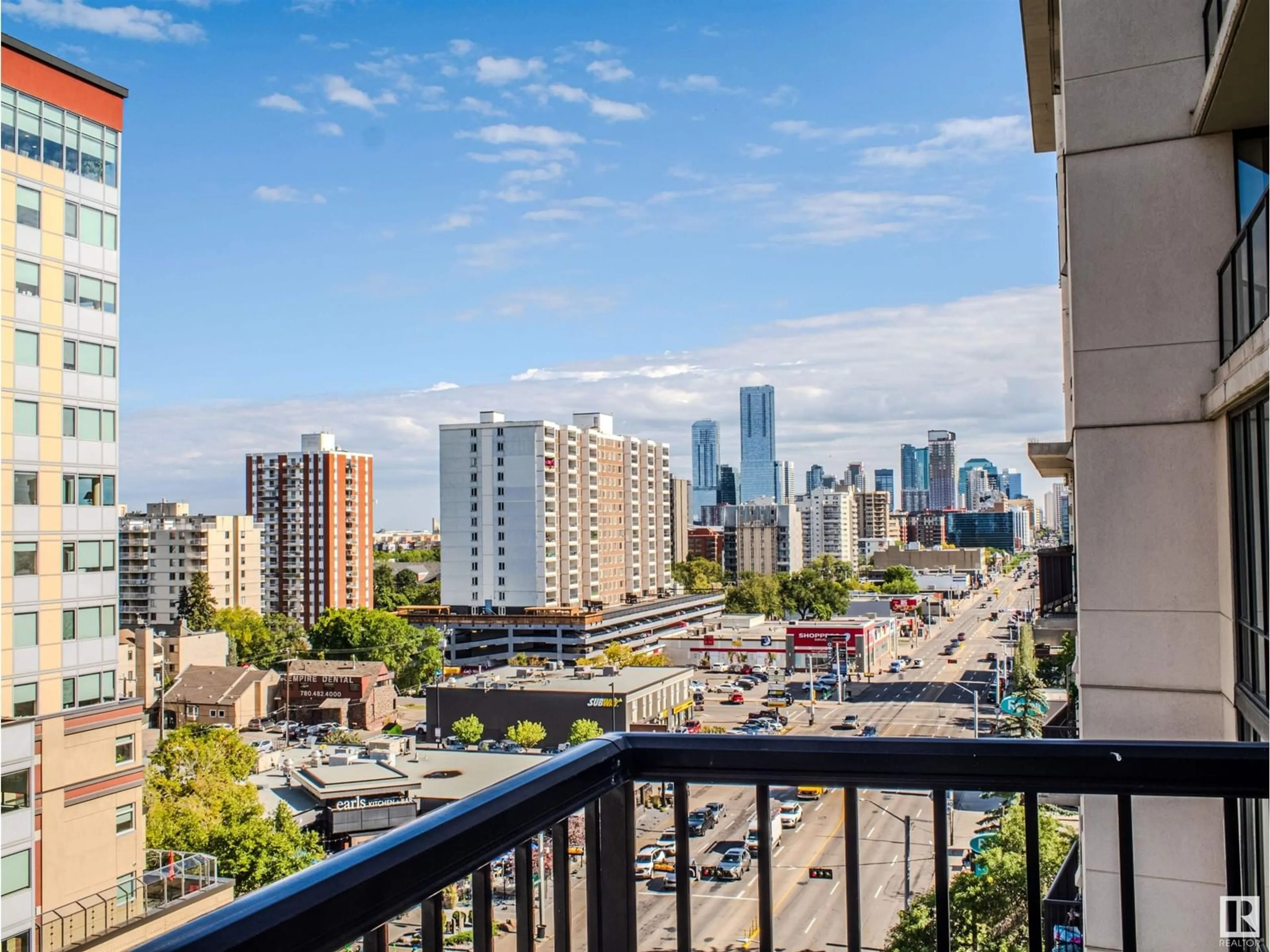 Balcony in the apartment, city buildings view from balcony for #902 11933 JASPER AV NW, Edmonton Alberta T5K0P1