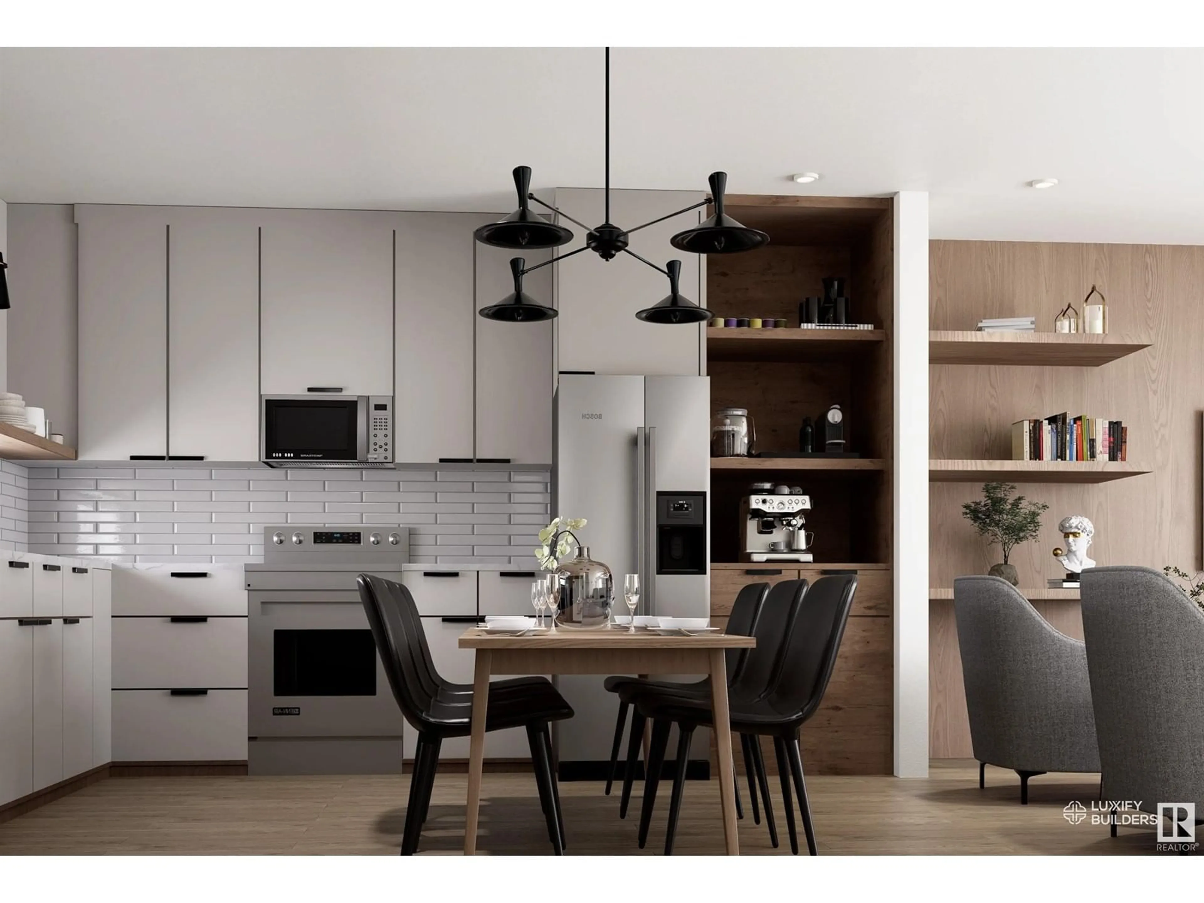 Open concept kitchen, wood/laminate floor for 9303/9305/9307 123 AVE, Edmonton Alberta T5G1K4