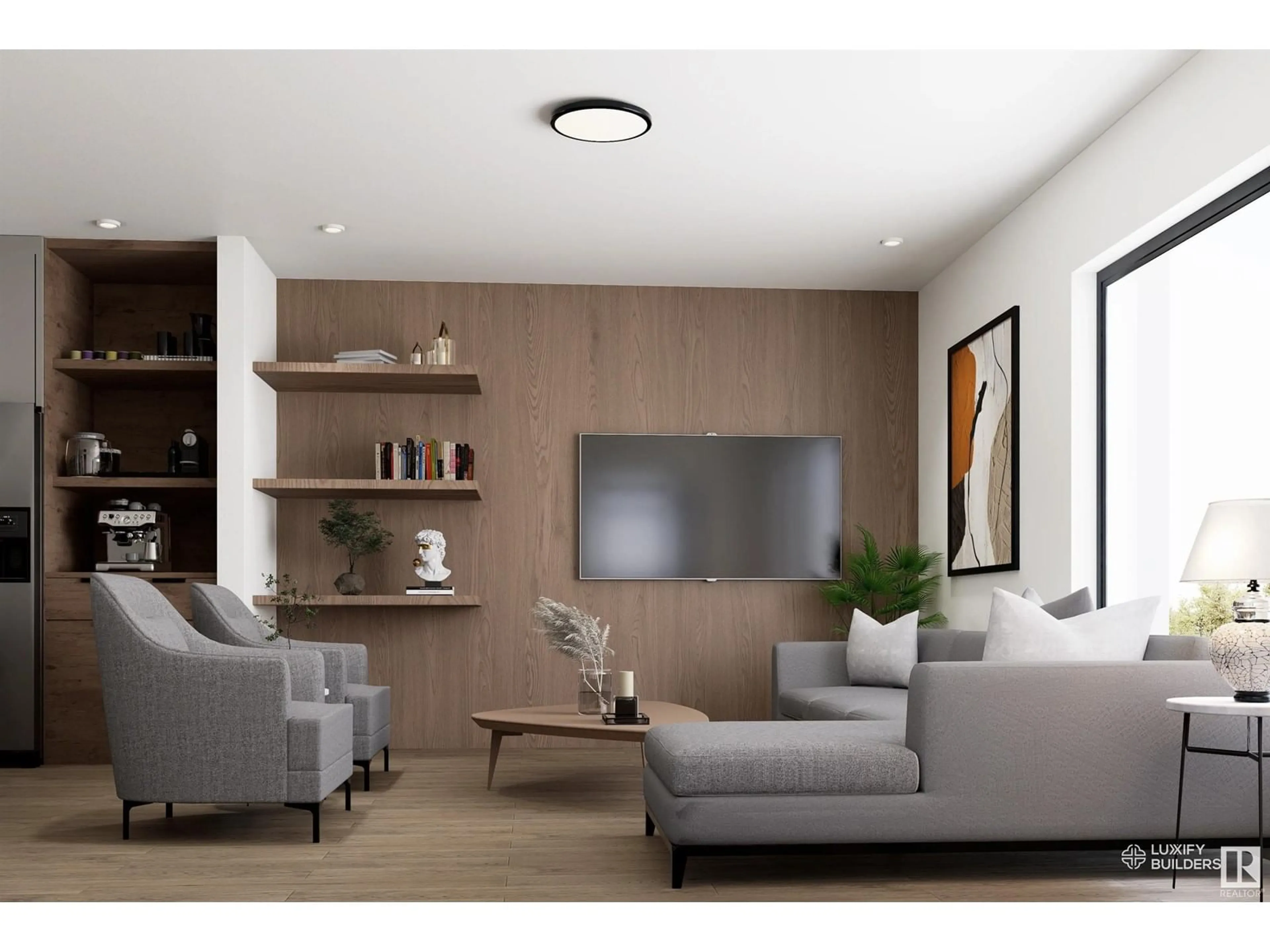 Living room with furniture, wood/laminate floor for 9303/9305/9307 123 AVE, Edmonton Alberta T5G1K4