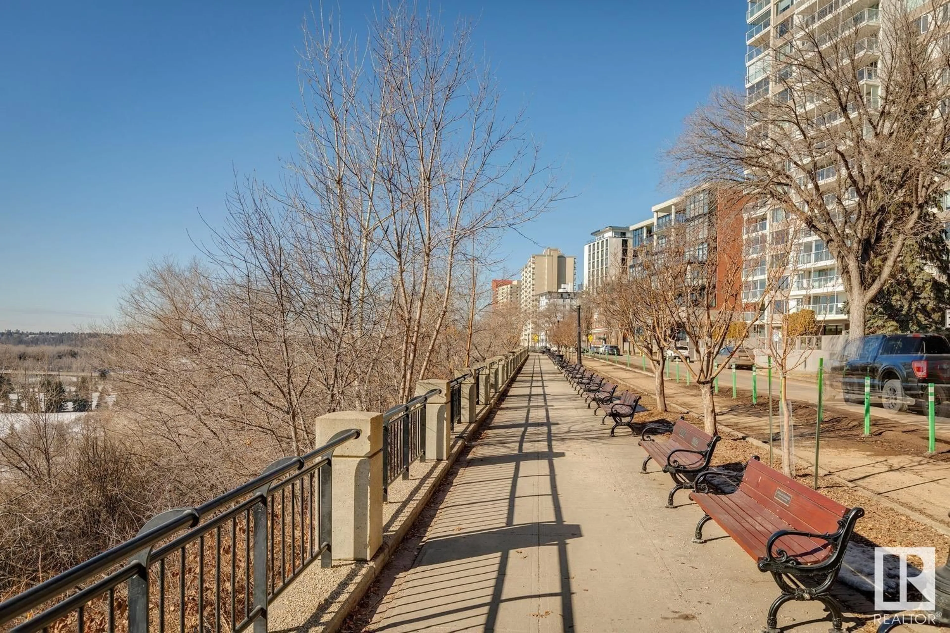 Patio, city buildings view from balcony for #204 11826 100 AV NW, Edmonton Alberta T5K0K3