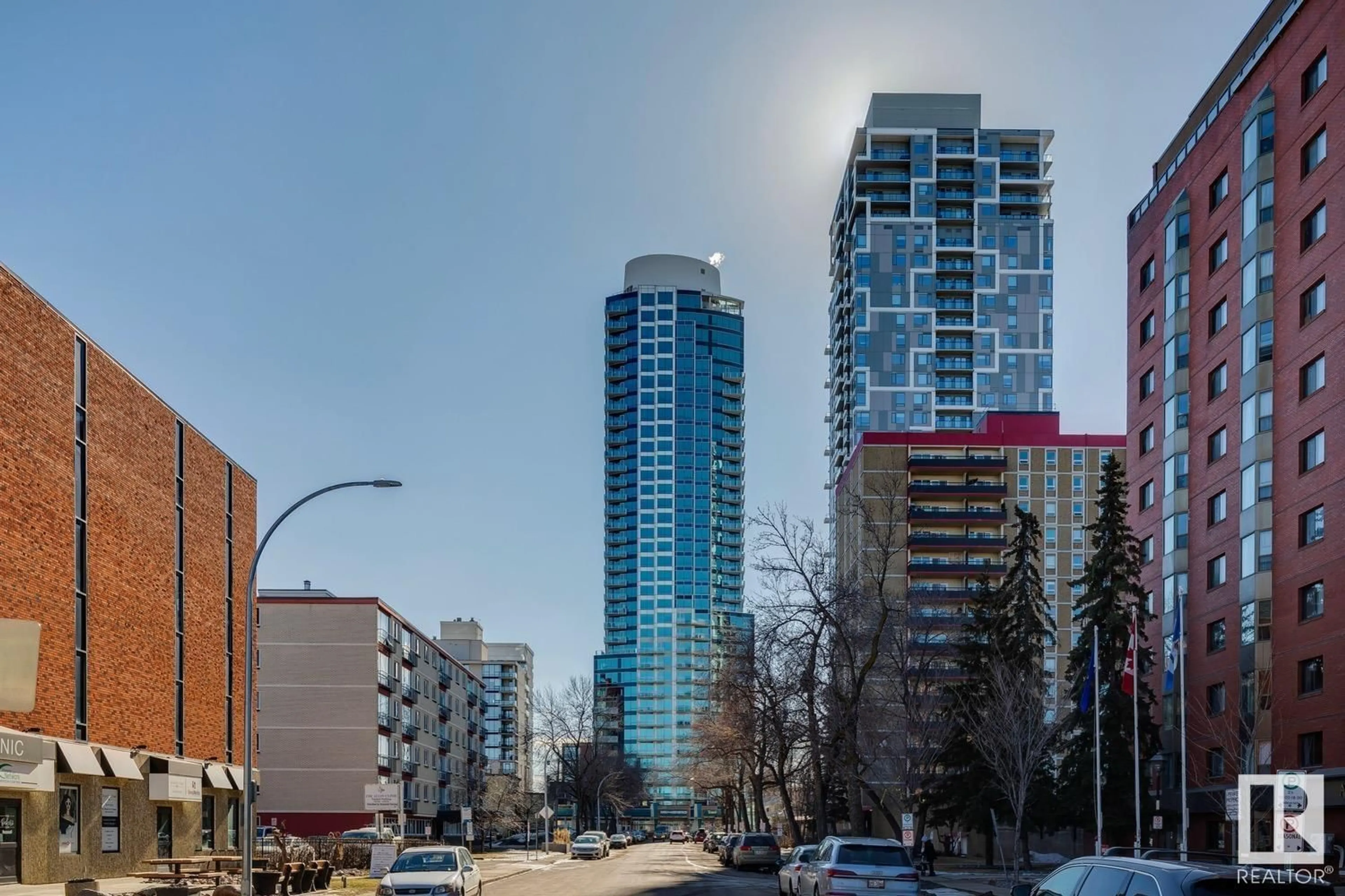 Balcony in the apartment, city buildings view from balcony for #504 11969 JASPER AV NW, Edmonton Alberta T5K0P1