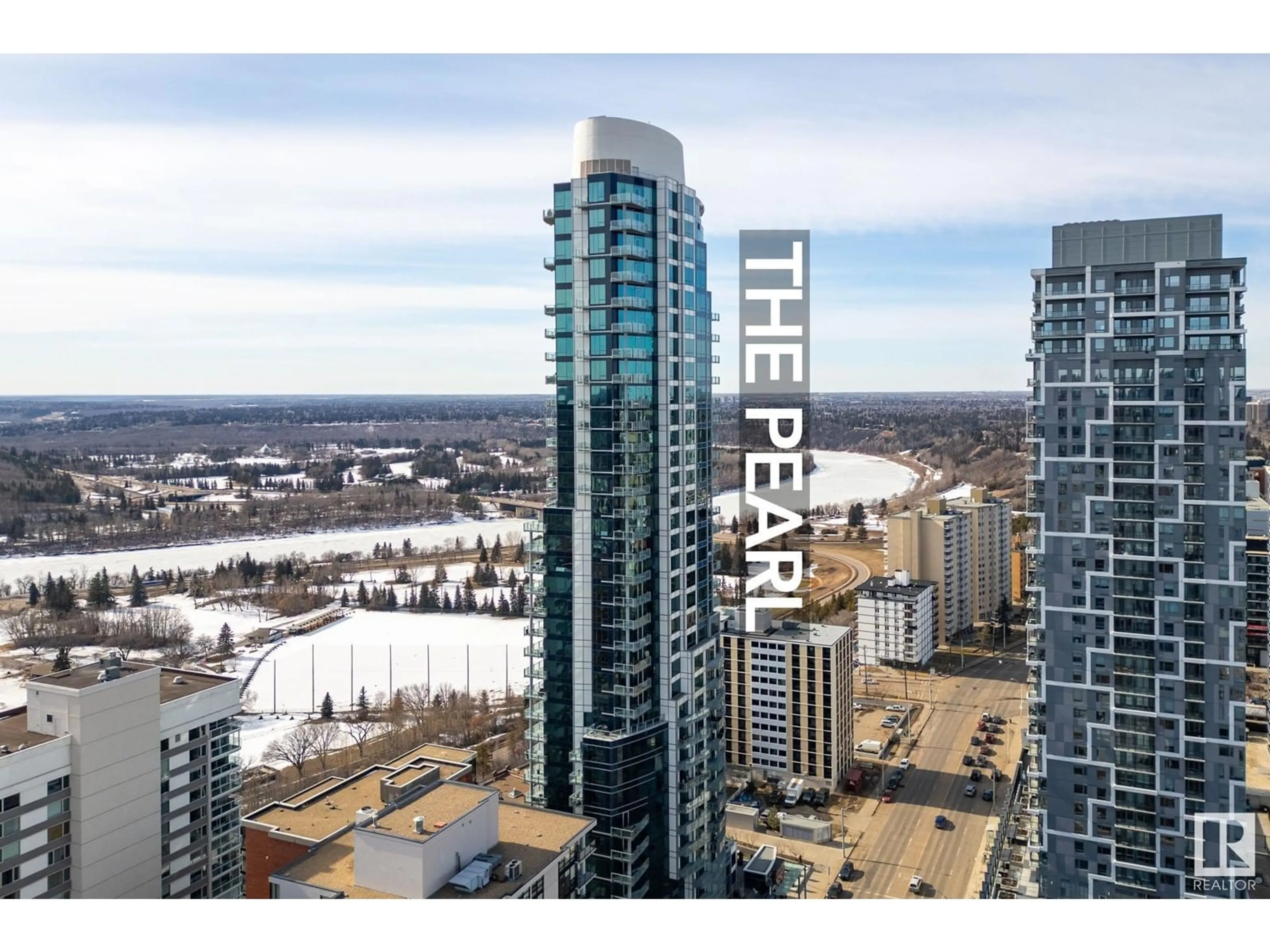 Patio, city buildings view from balcony for #1201 11969 JASPER AV NW, Edmonton Alberta T5K0P1