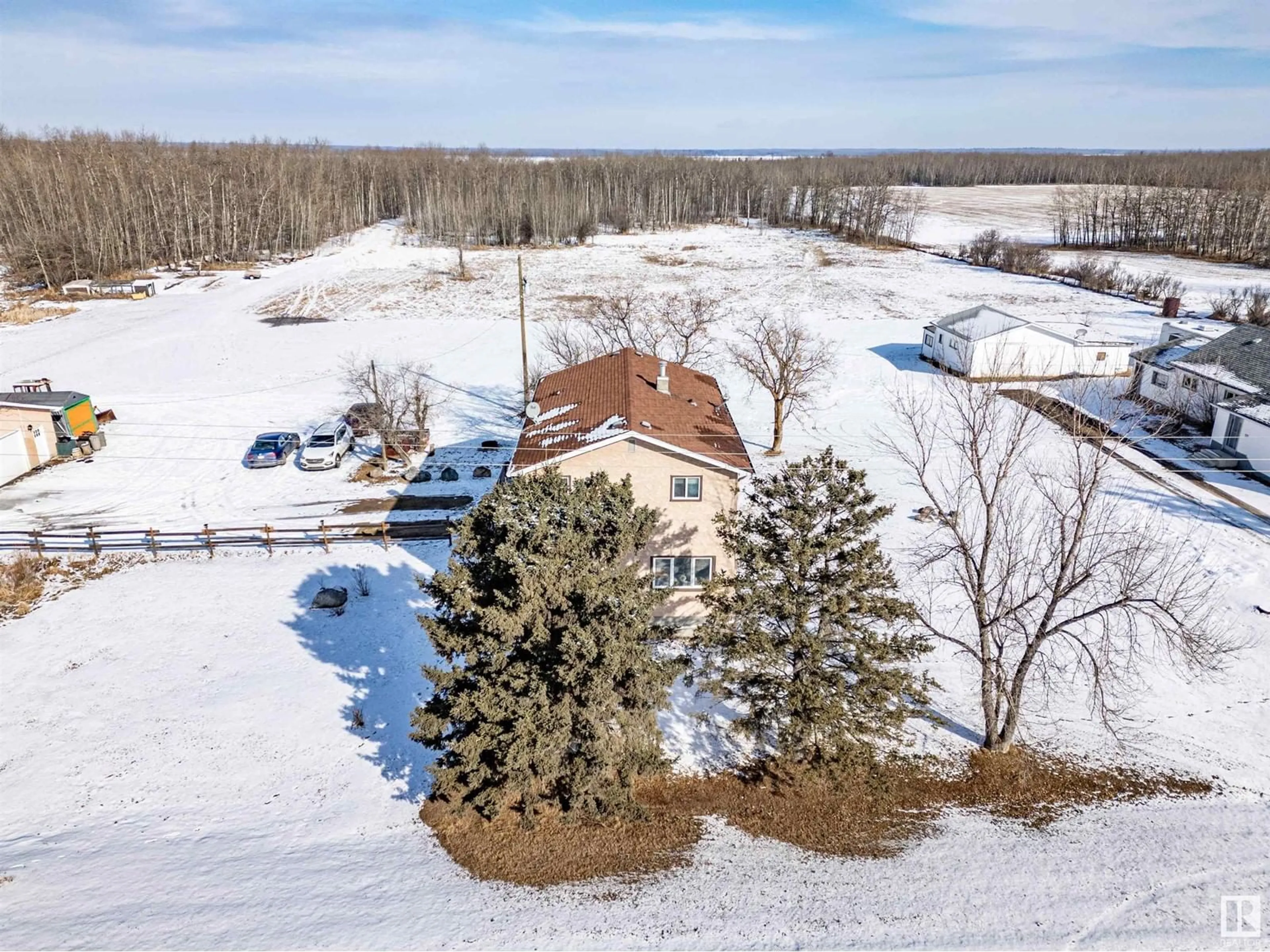 A pic from outside/outdoor area/front of a property/back of a property/a pic from drone, water/lake/river/ocean view for 21436 HWY 14, Rural Strathcona County Alberta T8E1G9