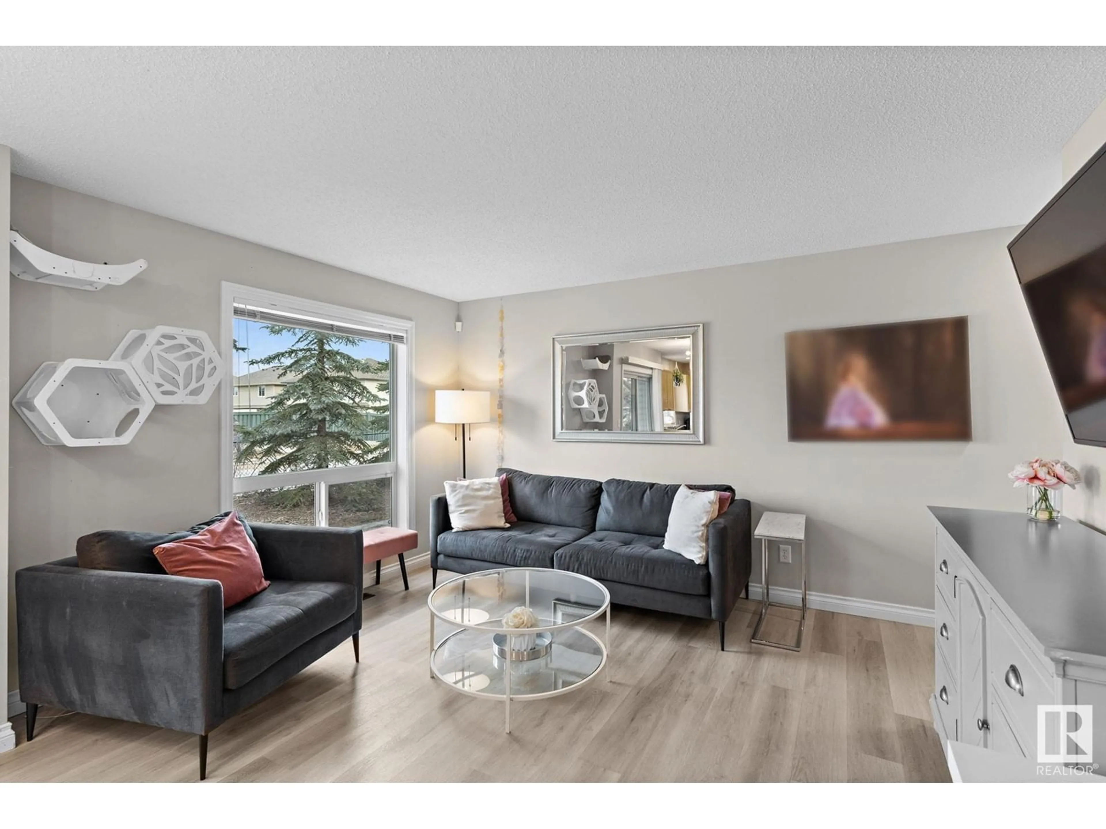 Living room with furniture, wood/laminate floor for #33 12050 17 AV SW, Edmonton Alberta T6W1X4