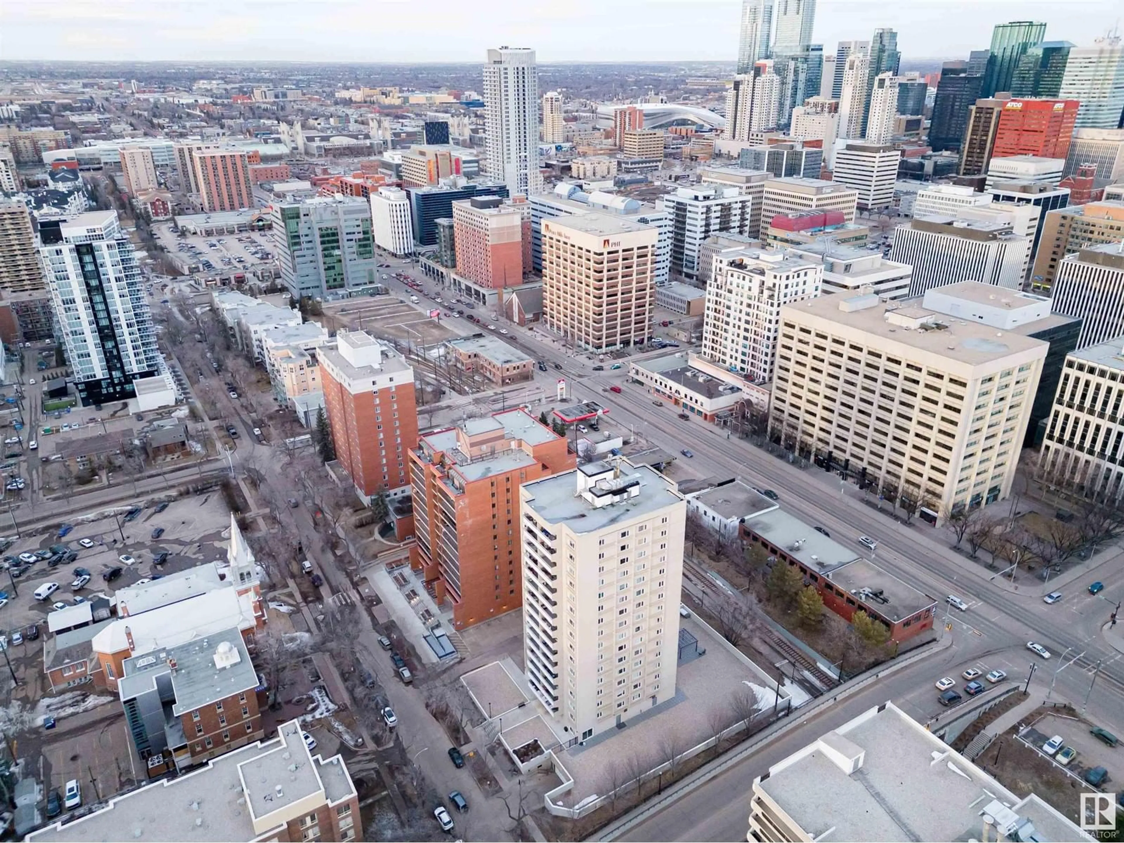 A pic from outside/outdoor area/front of a property/back of a property/a pic from drone, city buildings view from balcony for #204 9909 110 ST NW, Edmonton Alberta T5K2E5