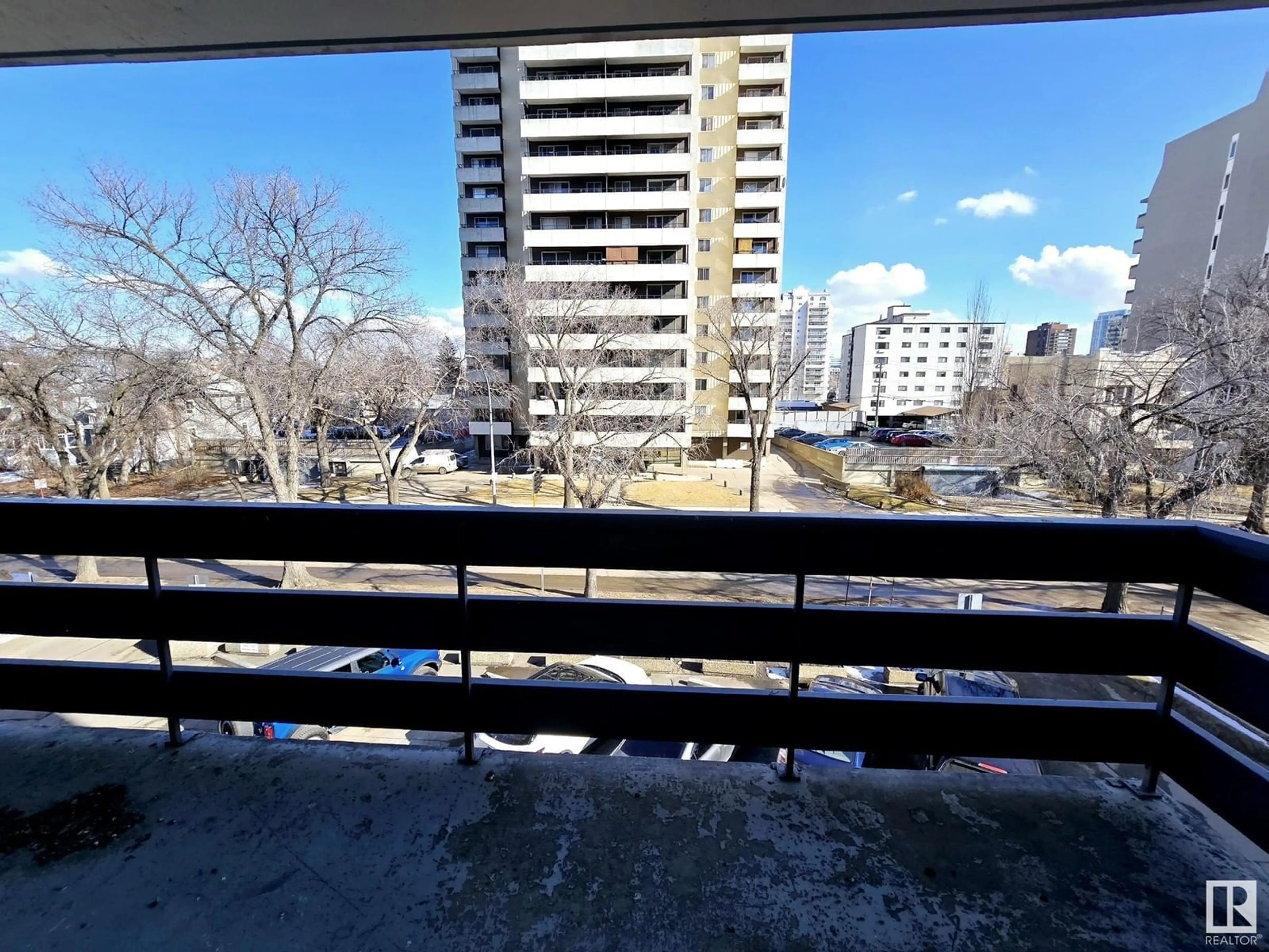 Balcony in the apartment, city buildings view from balcony for #307 10160 116 ST NW, Edmonton Alberta T5K1V9