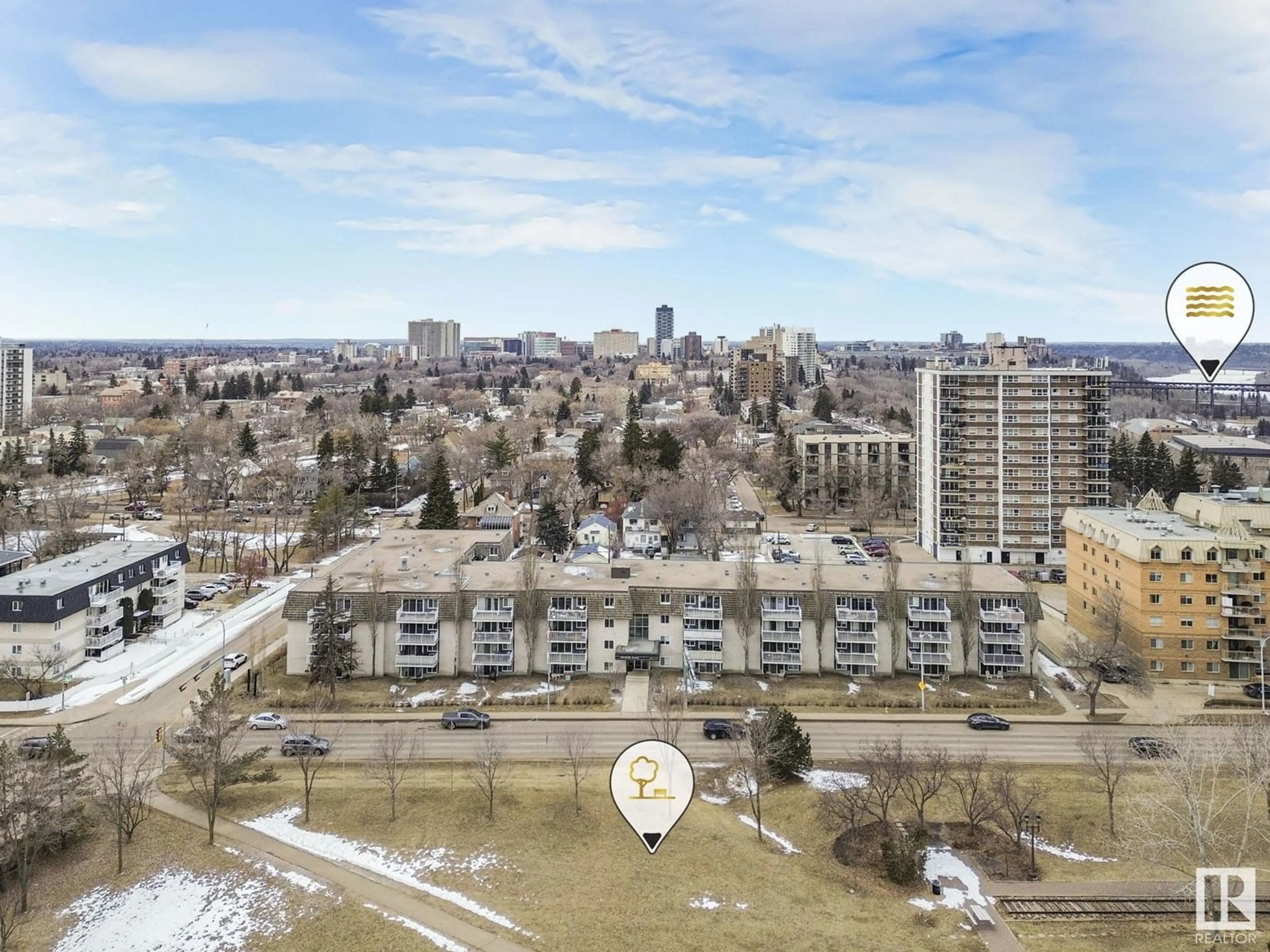 A pic from outside/outdoor area/front of a property/back of a property/a pic from drone, city buildings view from balcony for 8604 NW - 124 GATEWAY BV, Edmonton Alberta T6E4B6