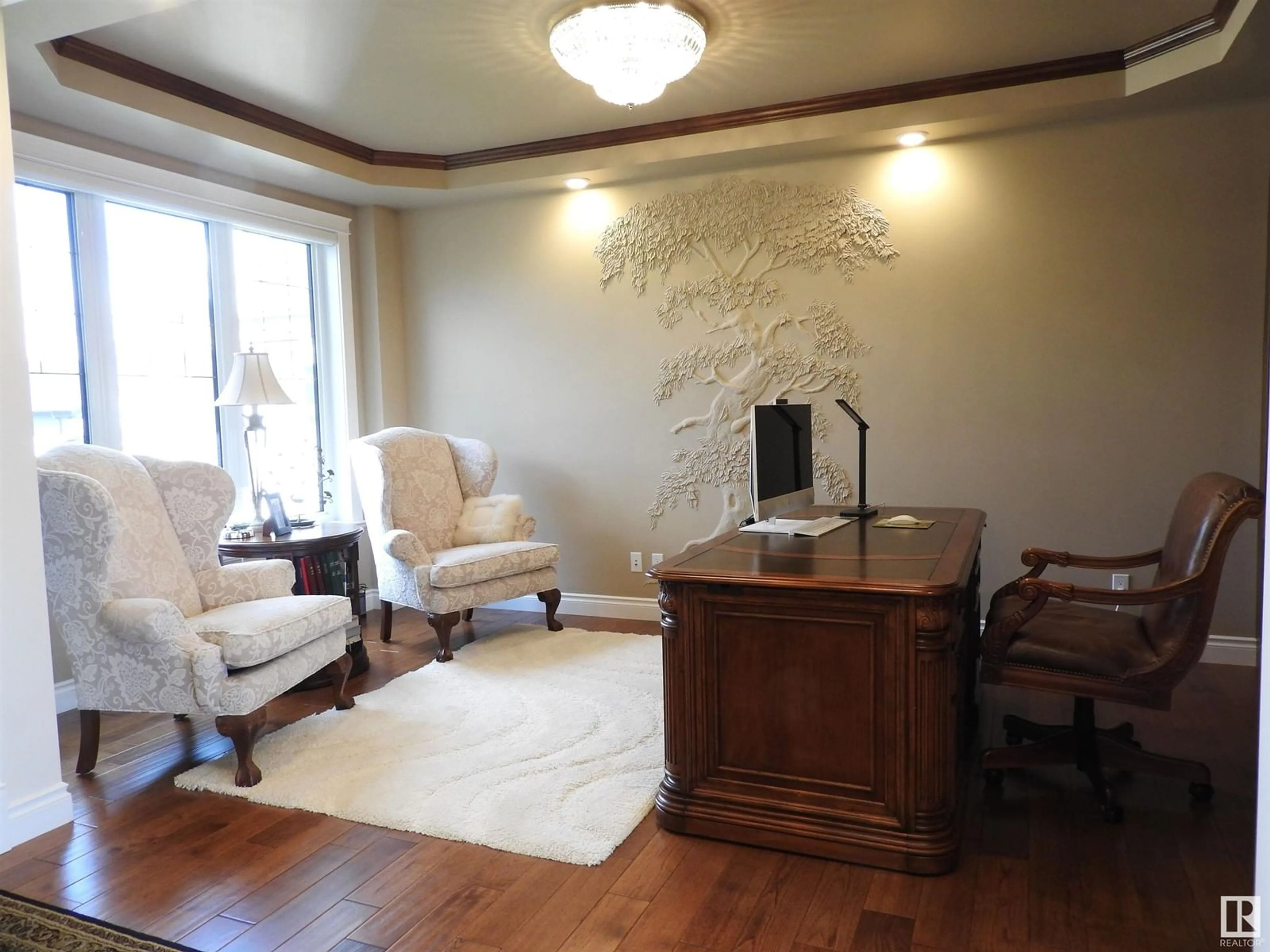 Living room with furniture, wood/laminate floor for SW - 1111 HAINSTOCK GREEN, Edmonton Alberta T6W2T8