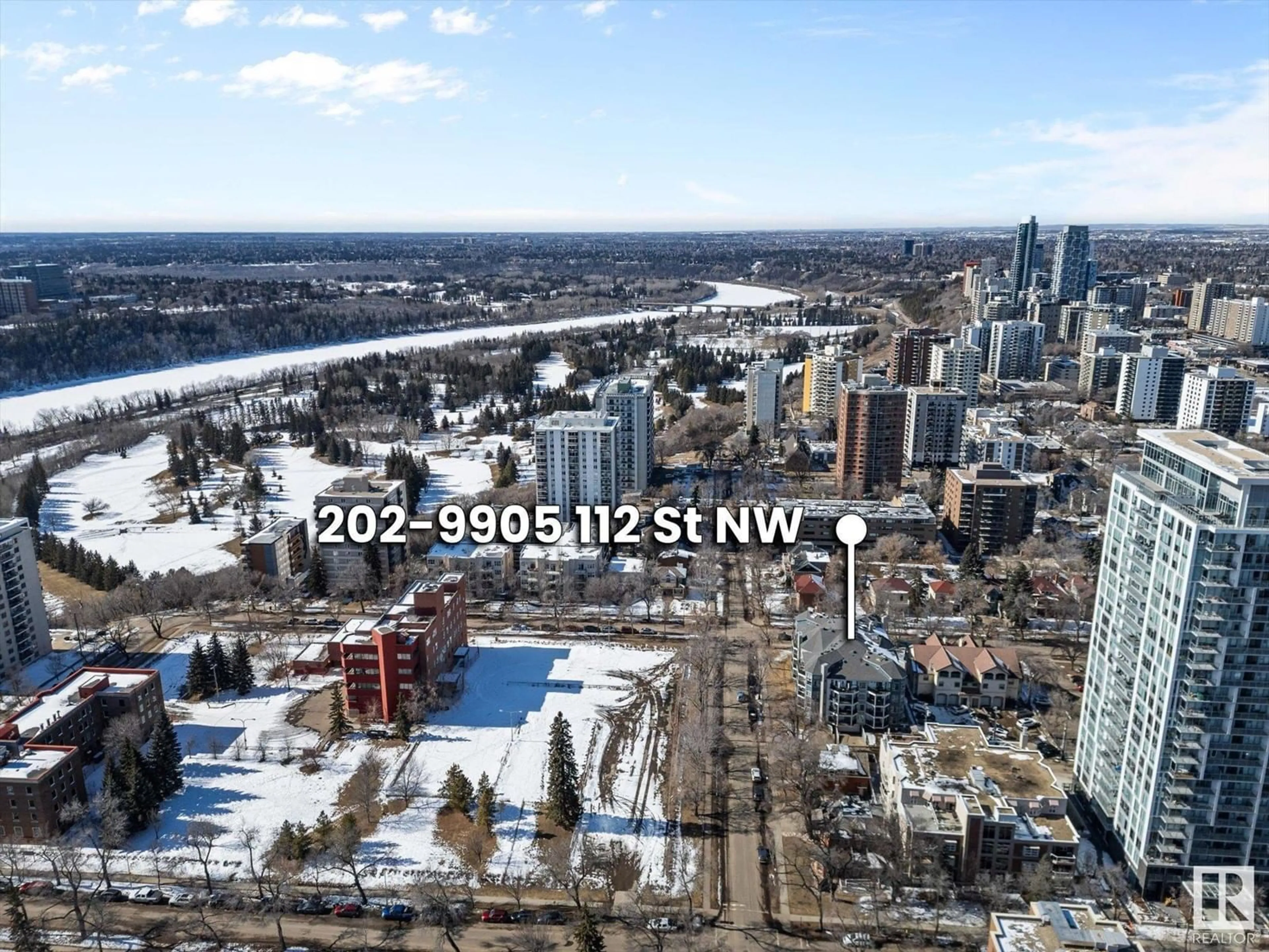 A pic from outside/outdoor area/front of a property/back of a property/a pic from drone, city buildings view from balcony for 202 - 9905 112 ST, Edmonton Alberta T5K1L6