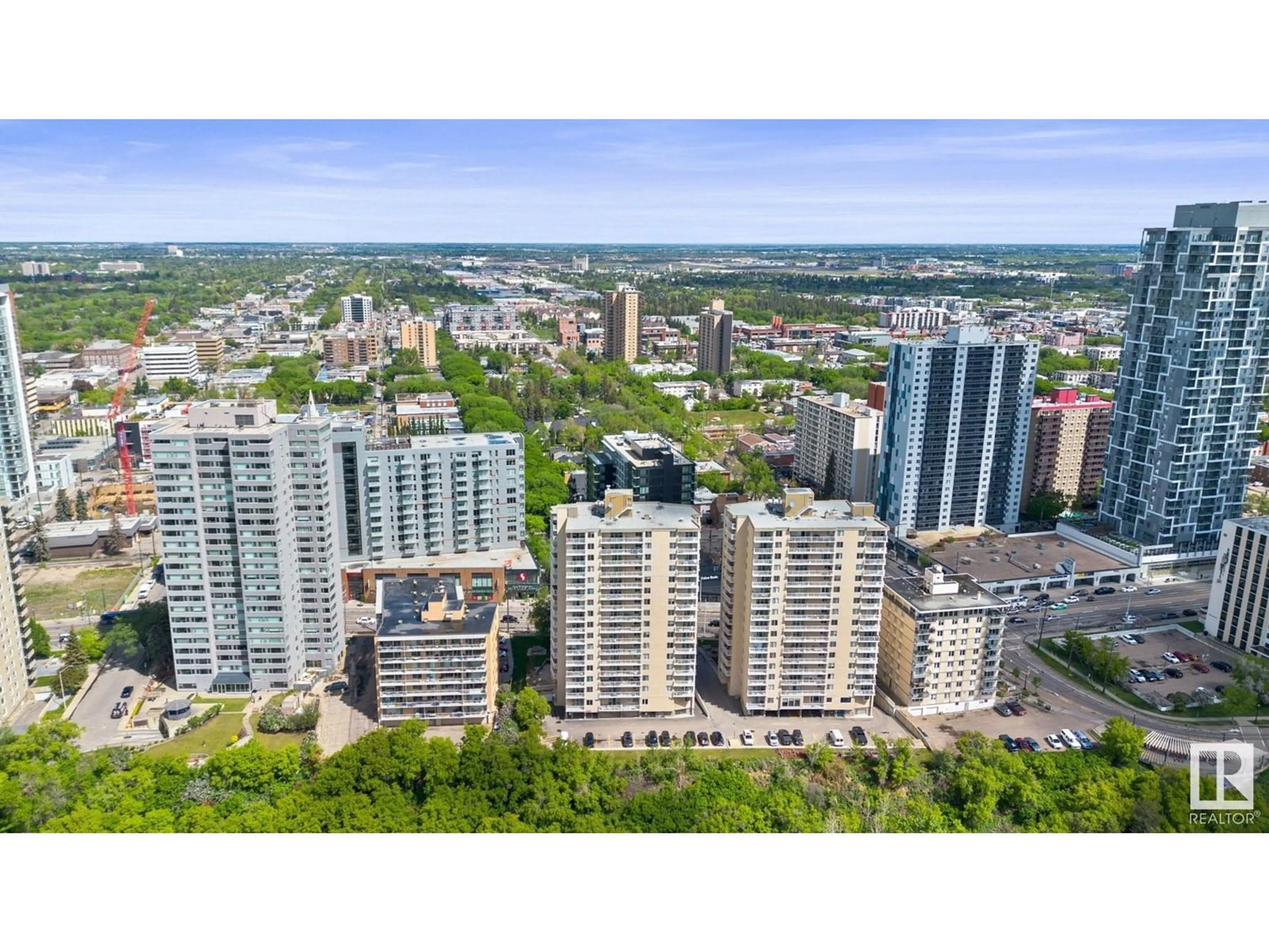 A pic from outside/outdoor area/front of a property/back of a property/a pic from drone, city buildings view from balcony for #704 - 12121 JASPER AV, Edmonton Alberta T5N3X7