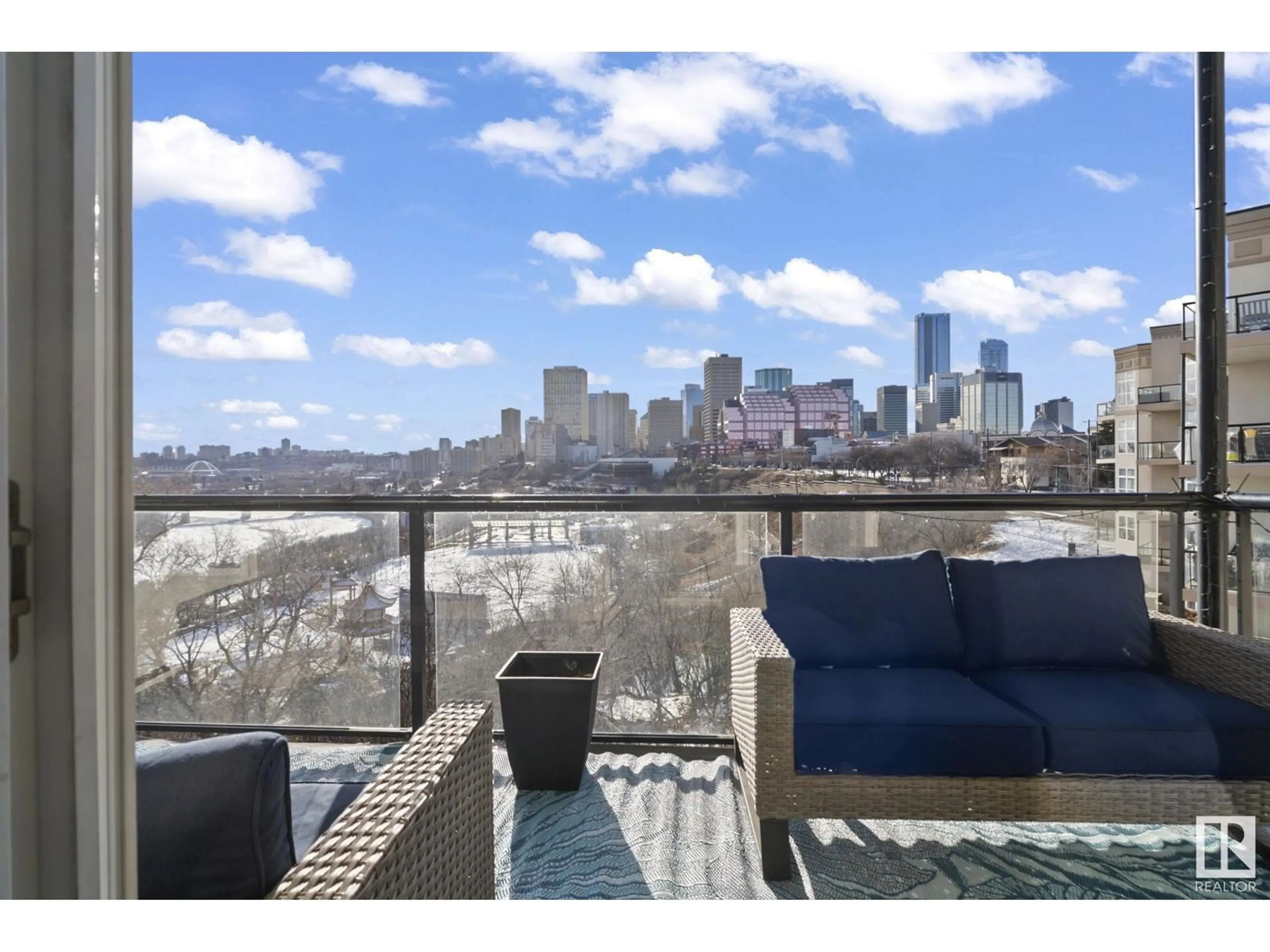 A pic from outside/outdoor area/front of a property/back of a property/a pic from drone, city buildings view from balcony for 411 - 9503 101 AV, Edmonton Alberta T5H4R1