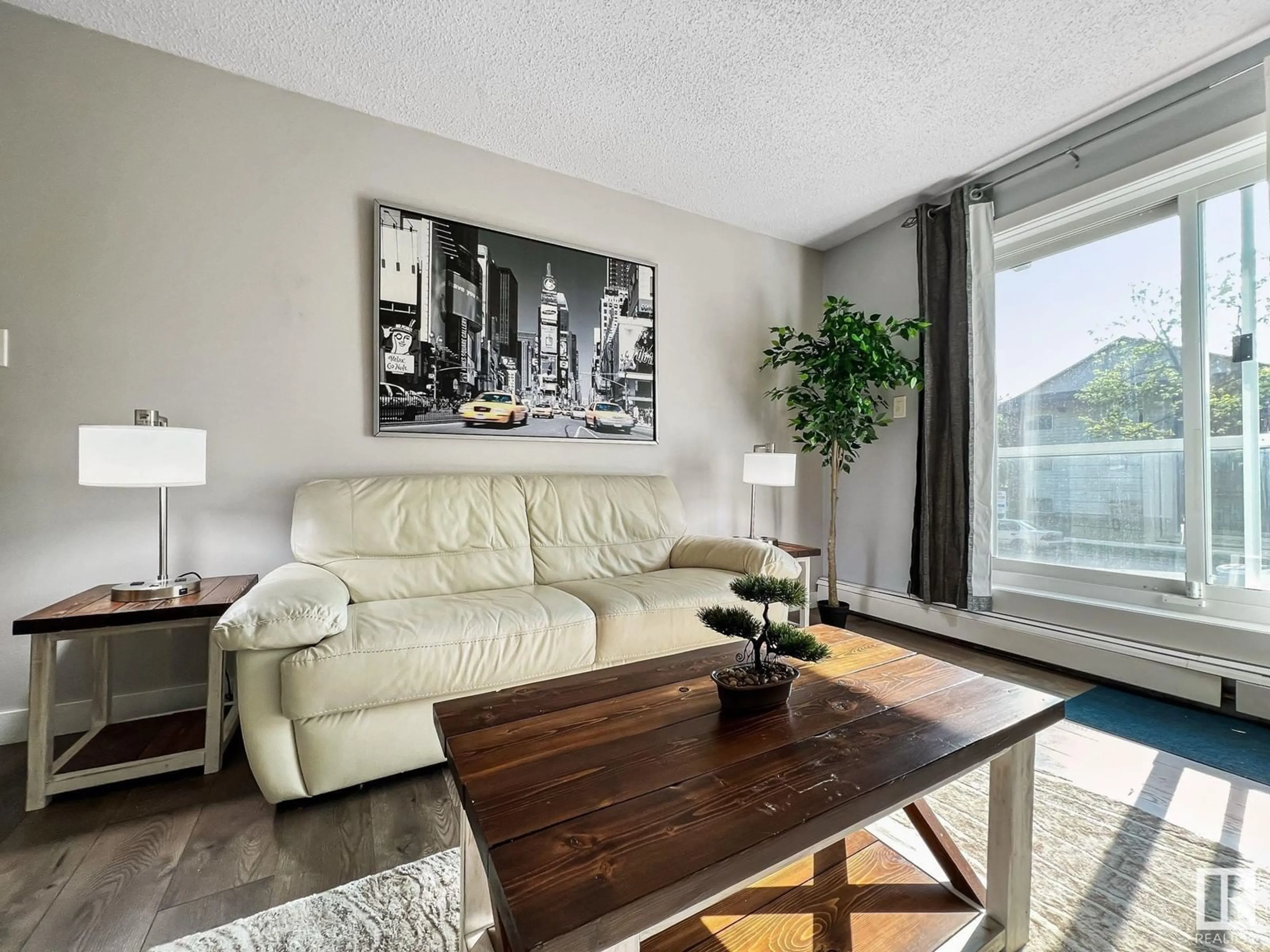 Living room with furniture, wood/laminate floor for 201 - 10617 107 ST, Edmonton Alberta T5H2Y8