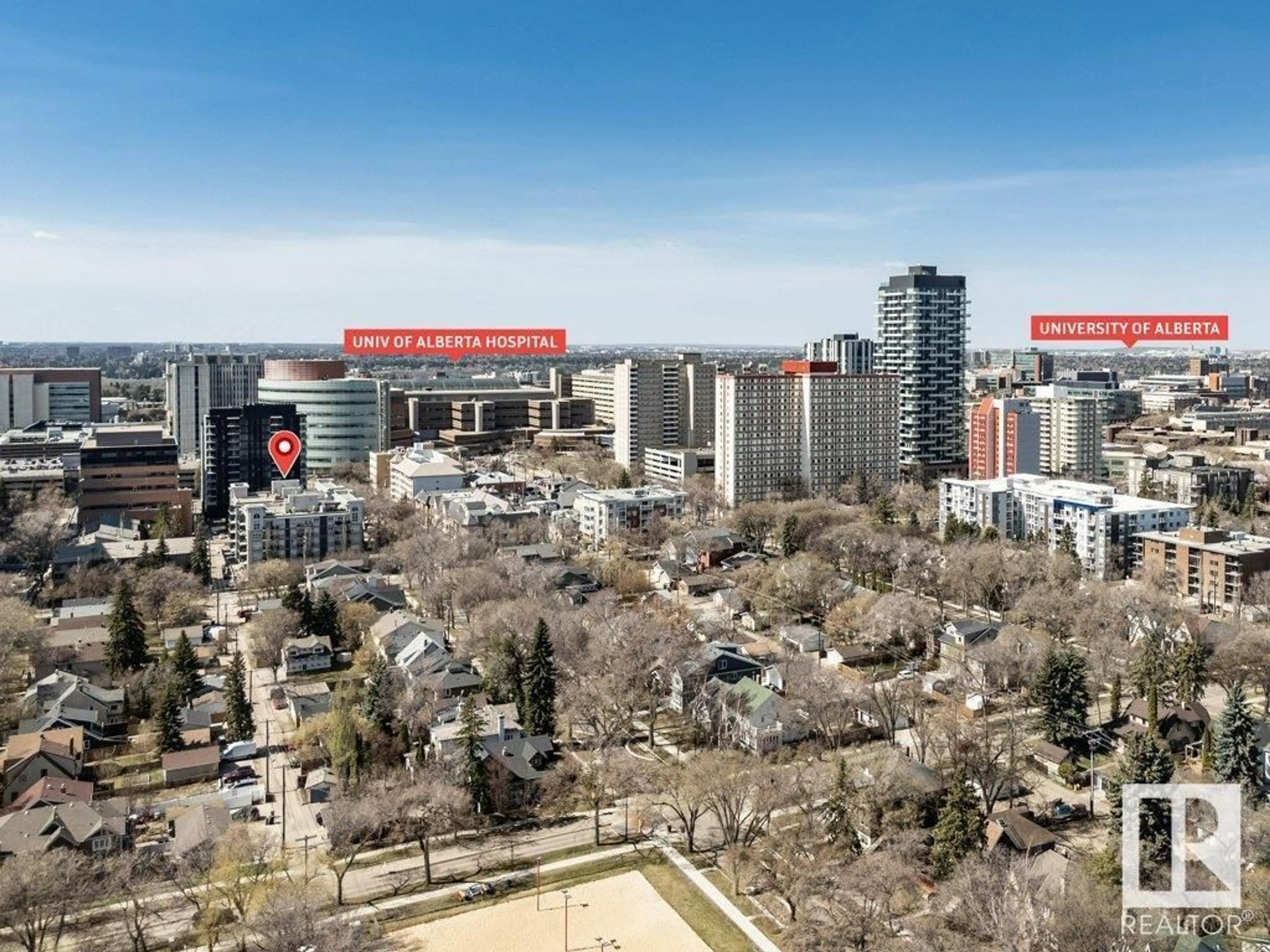 A pic from outside/outdoor area/front of a property/back of a property/a pic from drone, city buildings view from balcony for 507 - 11109 84 AV, Edmonton Alberta T6G2W4