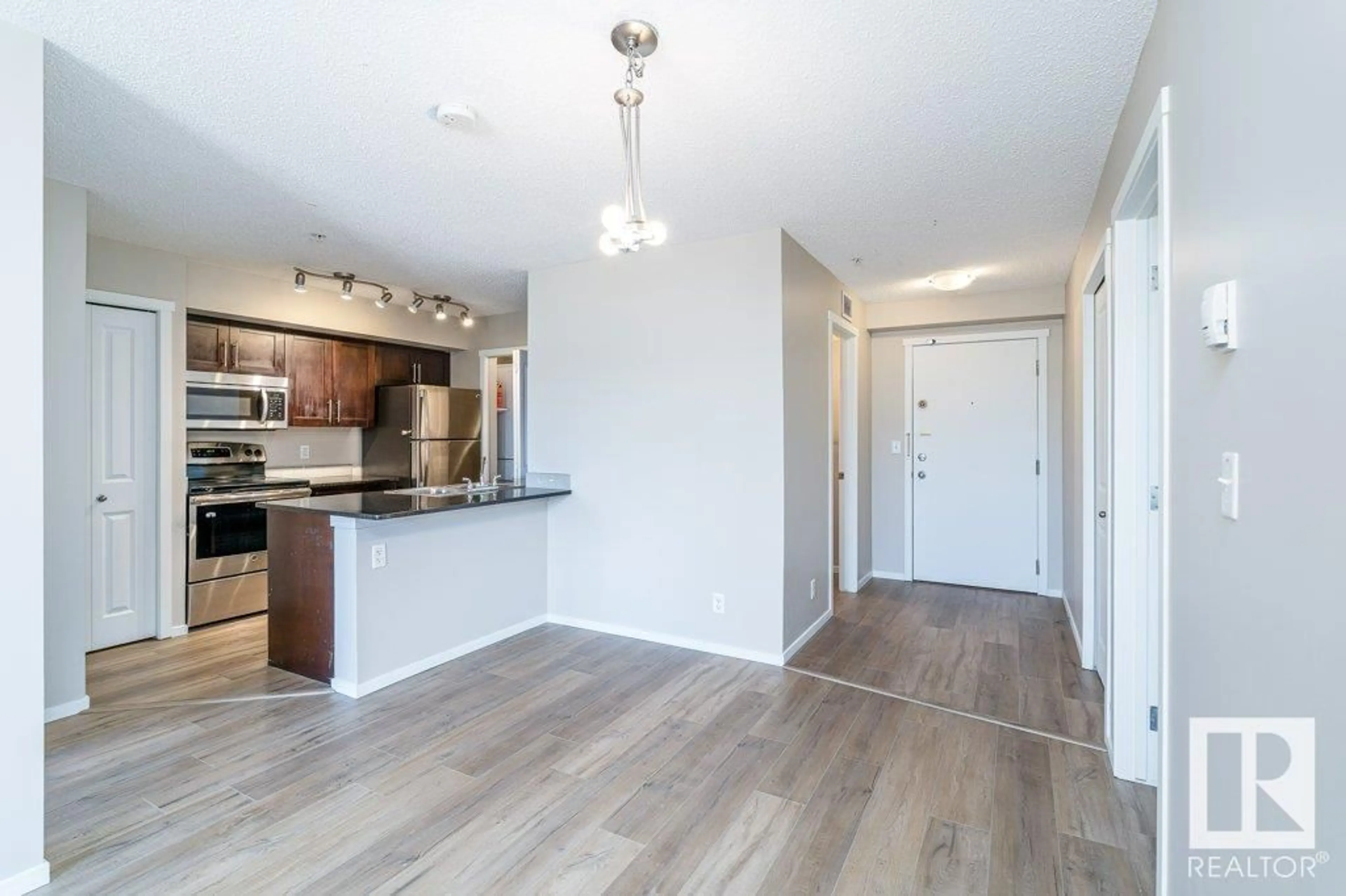 Open concept kitchen, wood/laminate floor for 207 - 3315 JAMES MOWATT TR, Edmonton Alberta T6W3L9