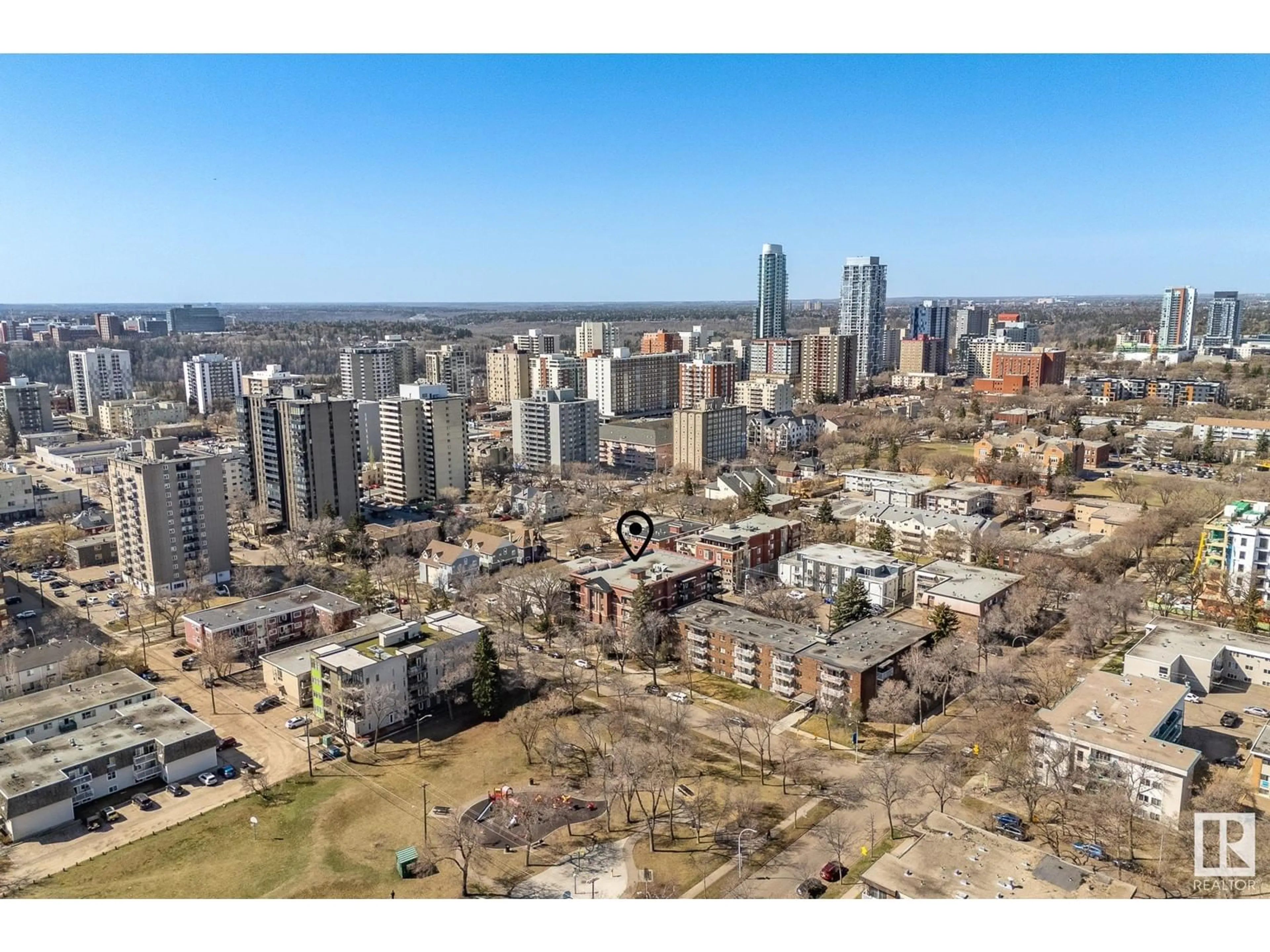 A pic from outside/outdoor area/front of a property/back of a property/a pic from drone, city buildings view from balcony for #104 - 10232 115 ST, Edmonton Alberta T5K1T8