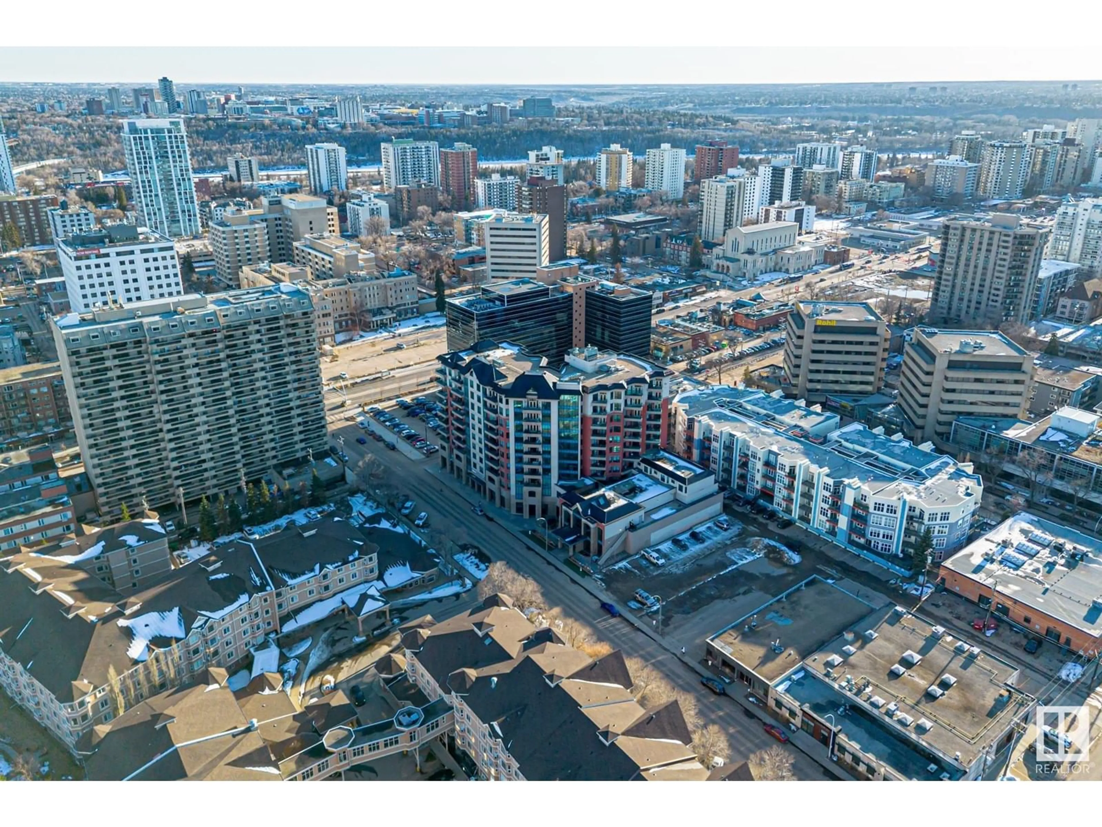 A pic from outside/outdoor area/front of a property/back of a property/a pic from drone, city buildings view from balcony for 507 - 10142 111 ST NW, Edmonton Alberta T5J0K6