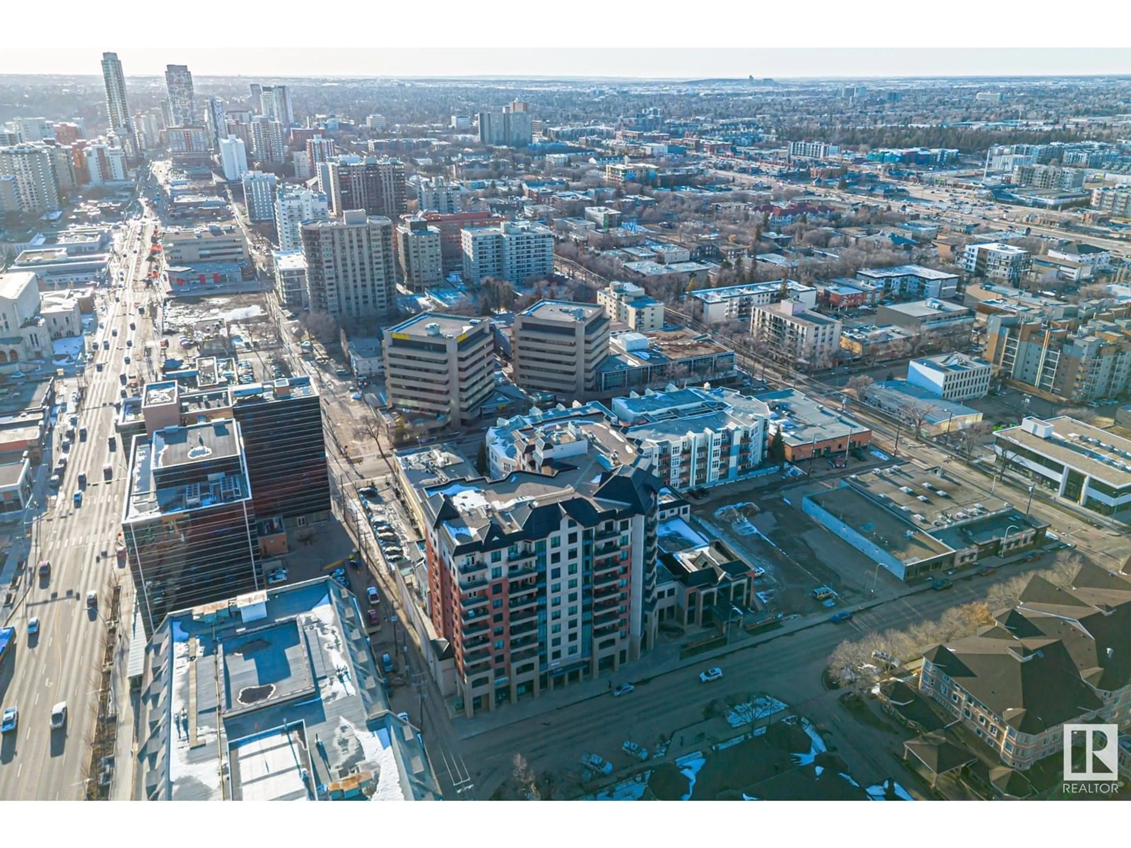 A pic from outside/outdoor area/front of a property/back of a property/a pic from drone, city buildings view from balcony for 507 - 10142 111 ST NW, Edmonton Alberta T5J0K6