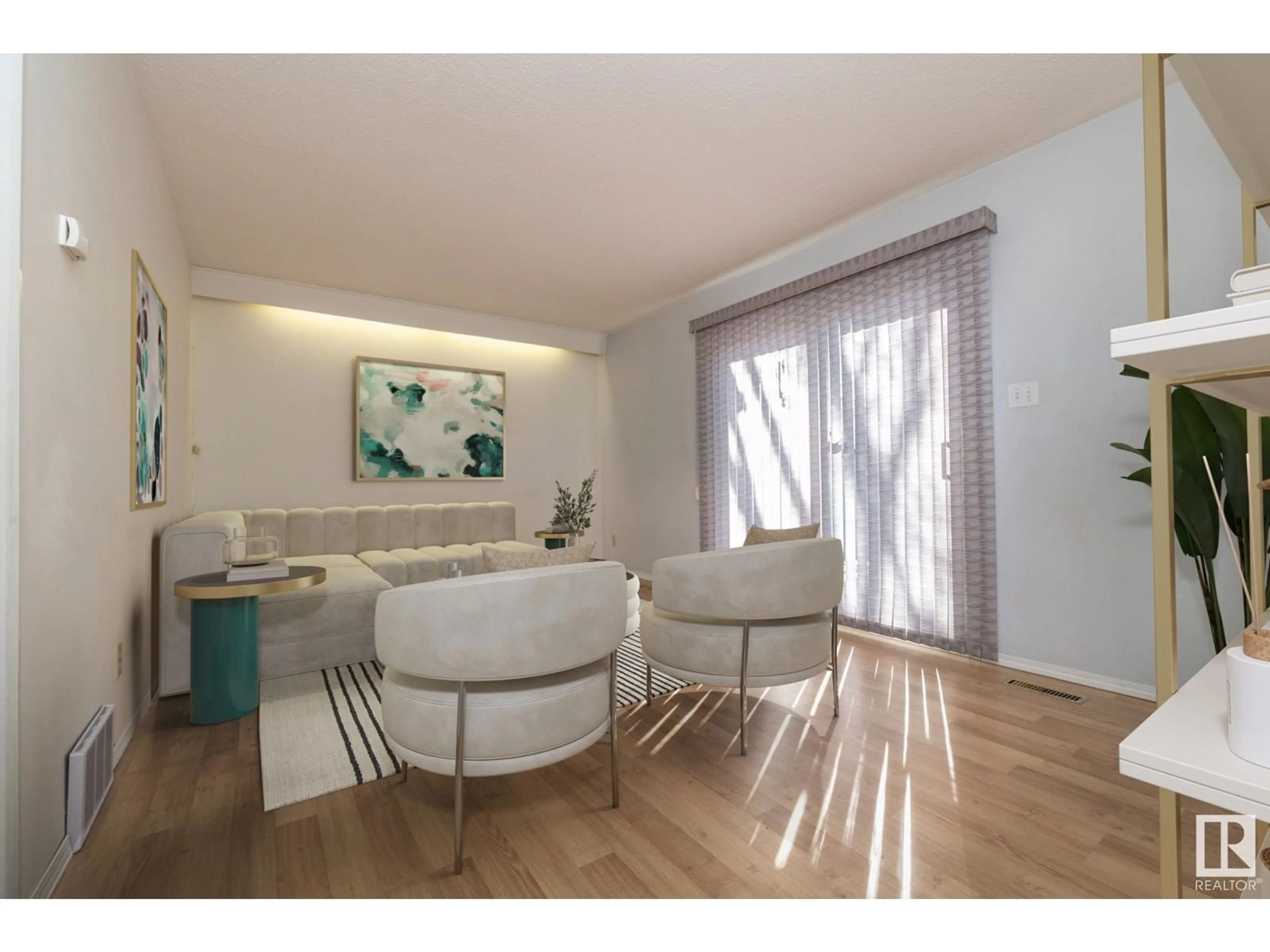 Living room with furniture, wood/laminate floor for 105 WOODSTOCK NW, Edmonton Alberta T5T0H6