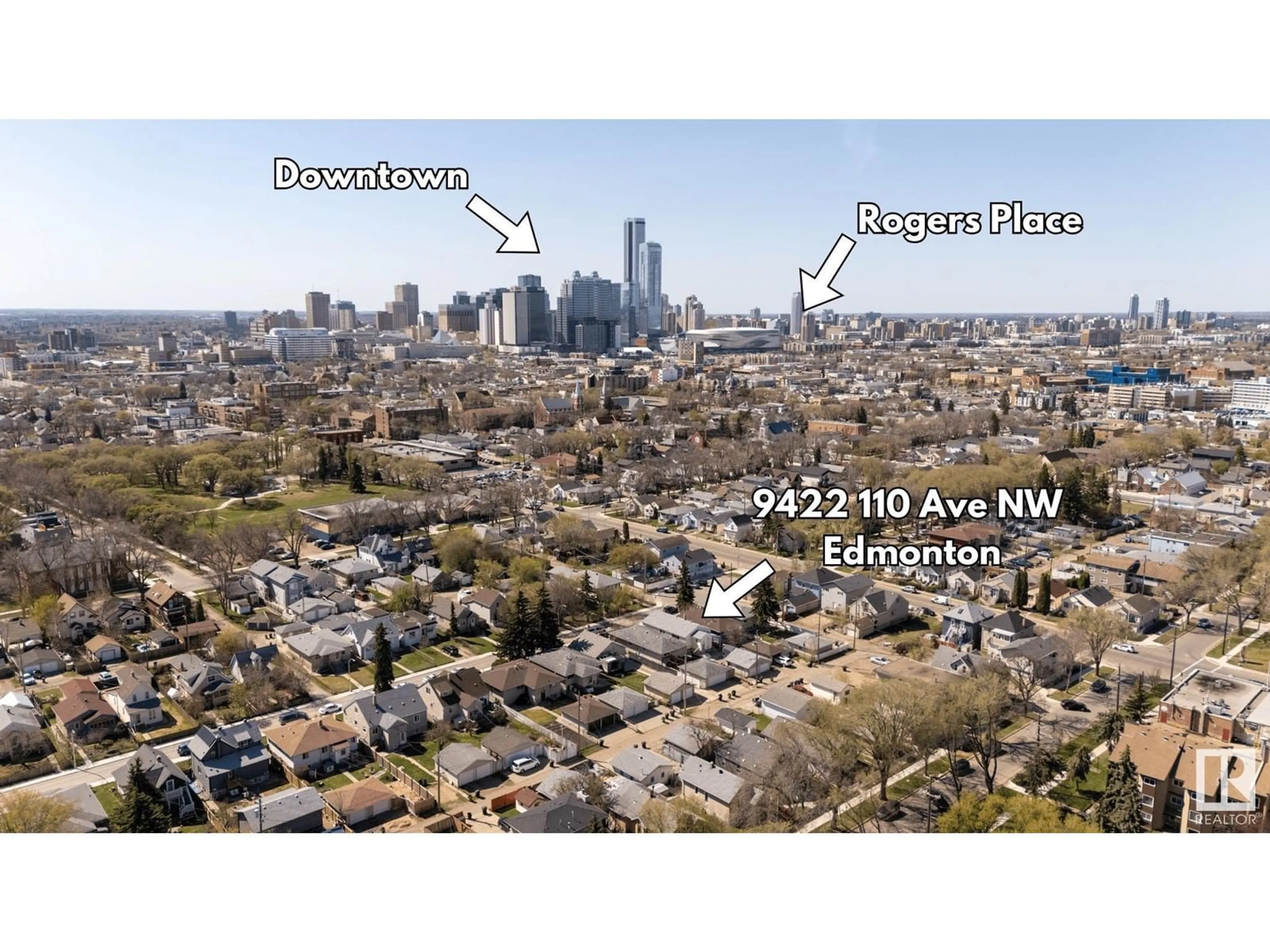 A pic from outside/outdoor area/front of a property/back of a property/a pic from drone, city buildings view from balcony for 9422 110 AV, Edmonton Alberta T5H1H1