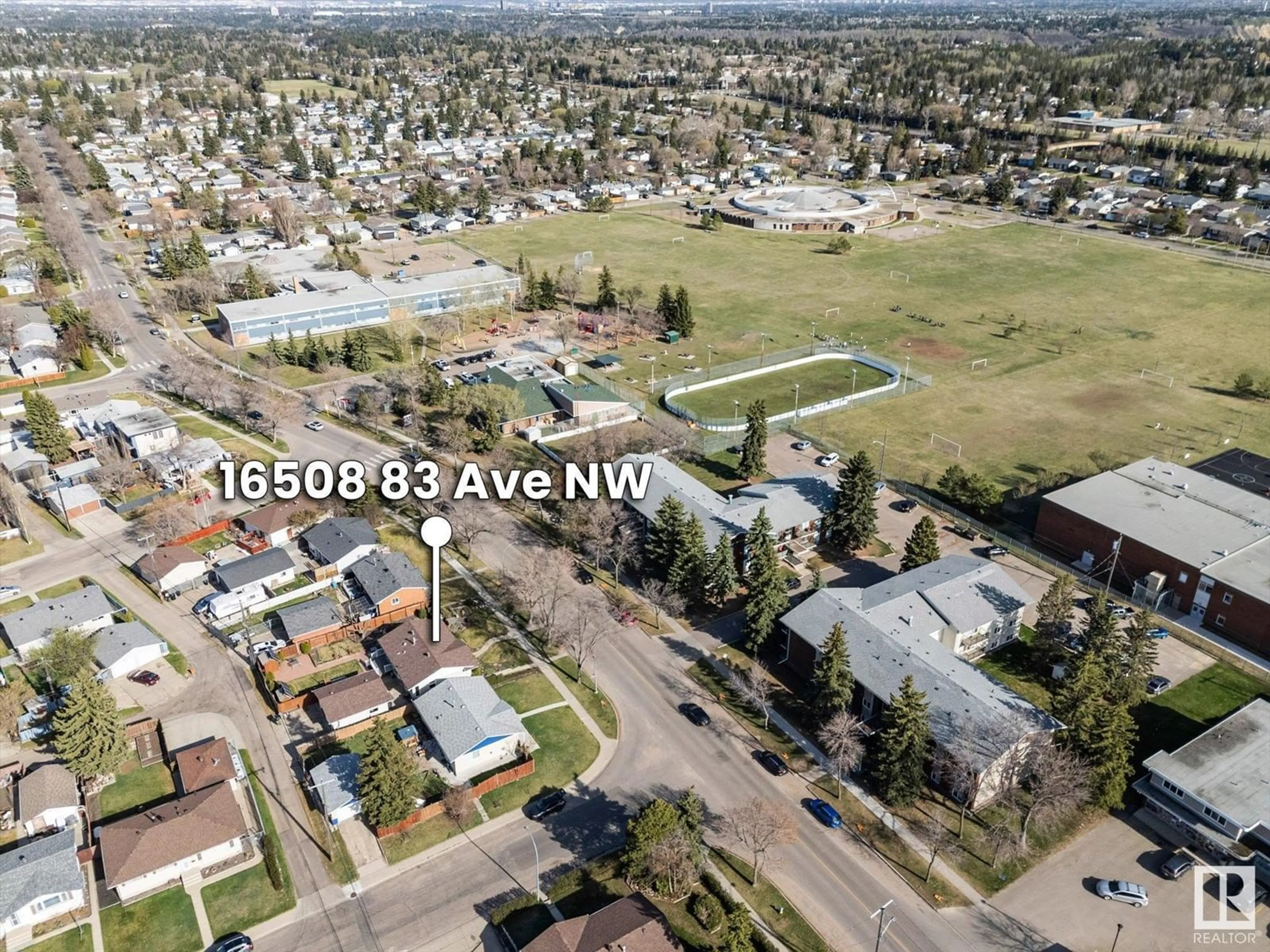 A pic from outside/outdoor area/front of a property/back of a property/a pic from drone, mountain view for 16508 83 AV, Edmonton Alberta T5R3W1