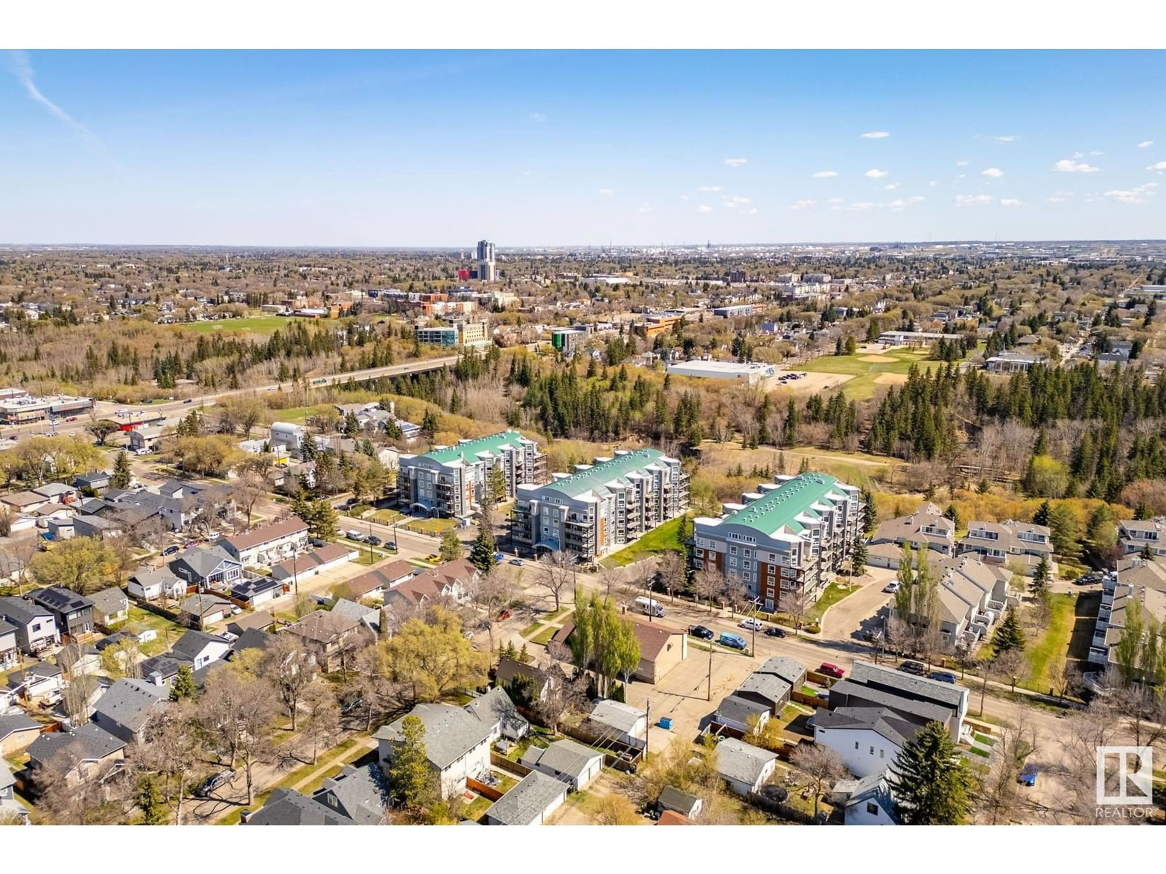 A pic from outside/outdoor area/front of a property/back of a property/a pic from drone, city buildings view from balcony for 506 - 7905 96 ST, Edmonton Alberta T6C4R3