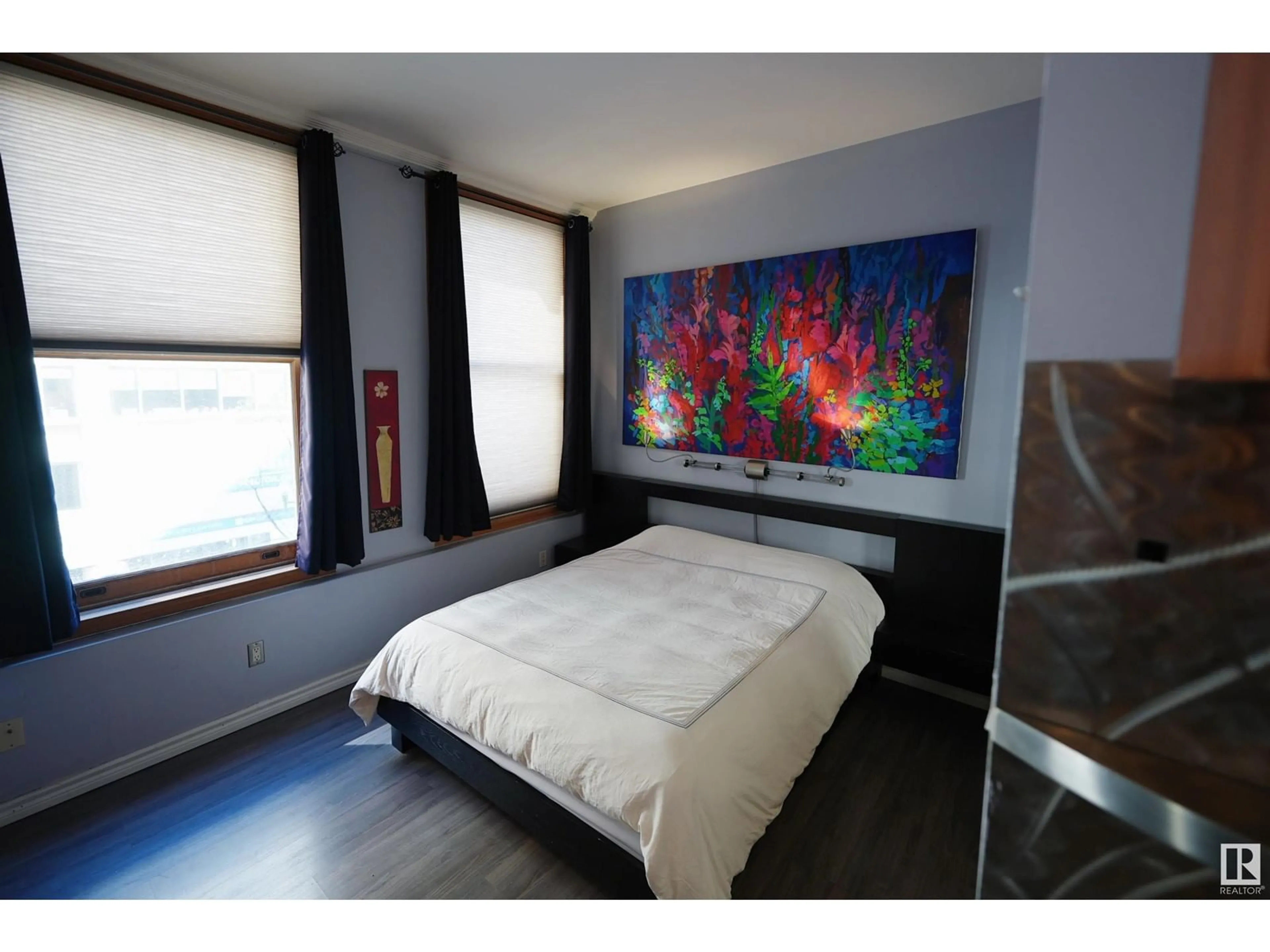 Bedroom with bed, wood/laminate floor for #308 - 10134 100 ST, Edmonton Alberta T5J0N8