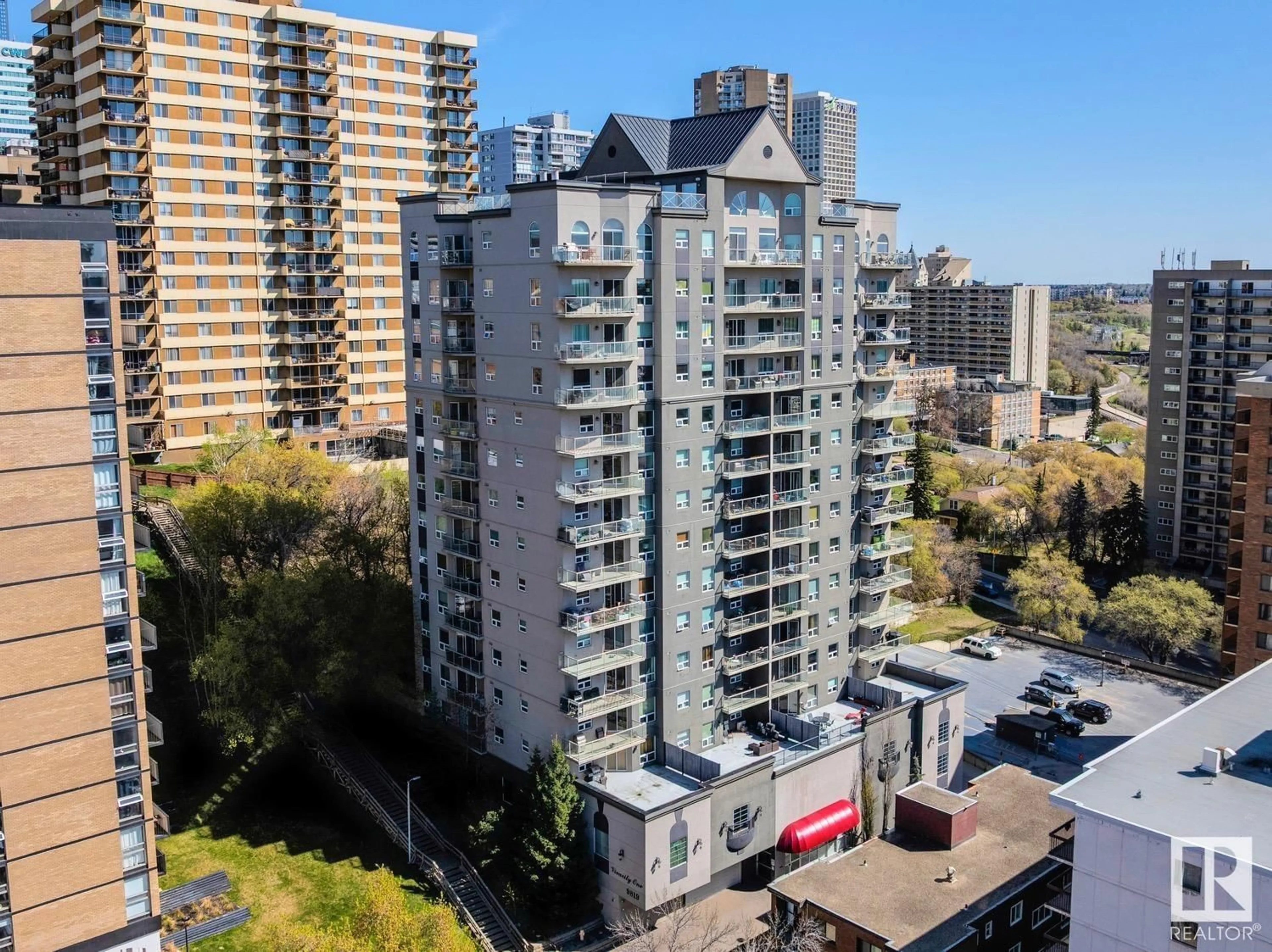 A pic from outside/outdoor area/front of a property/back of a property/a pic from drone, city buildings view from balcony for 906 - 9819 104 ST, Edmonton Alberta T5K0Y8