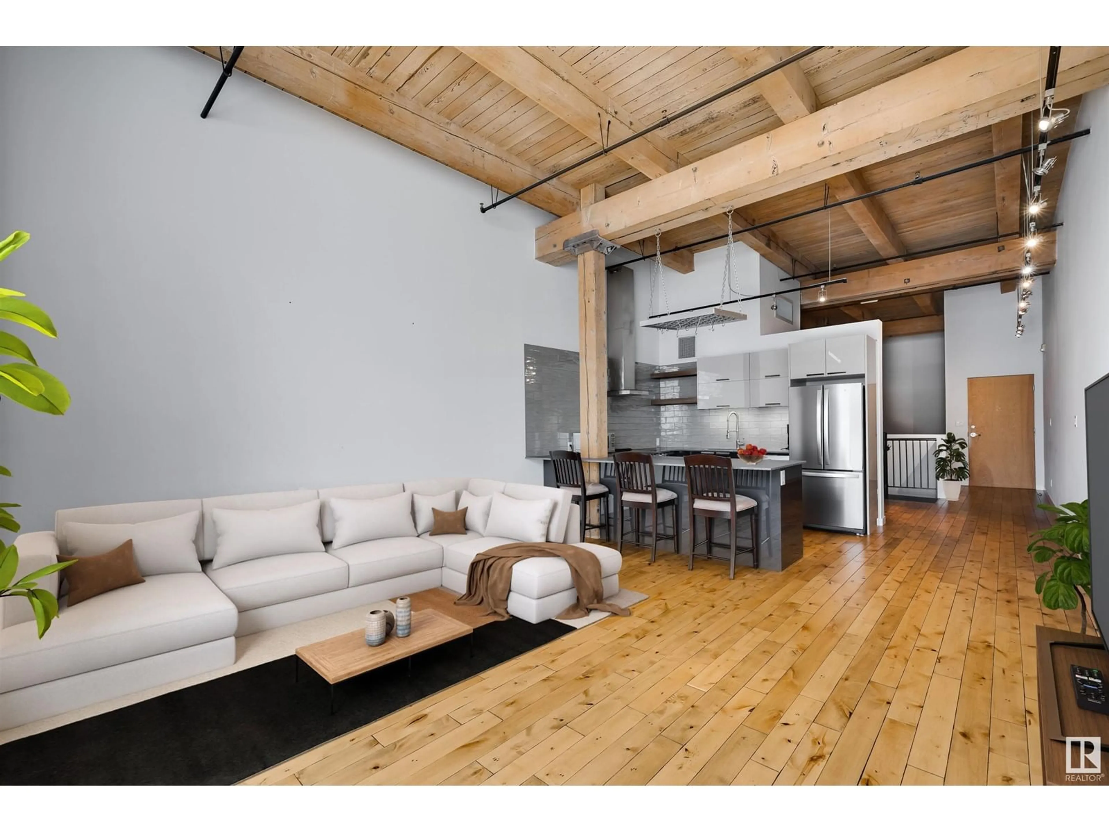 Open concept kitchen, wood/laminate floor for #104 - 10309 107 ST, Edmonton Alberta T5J1K3