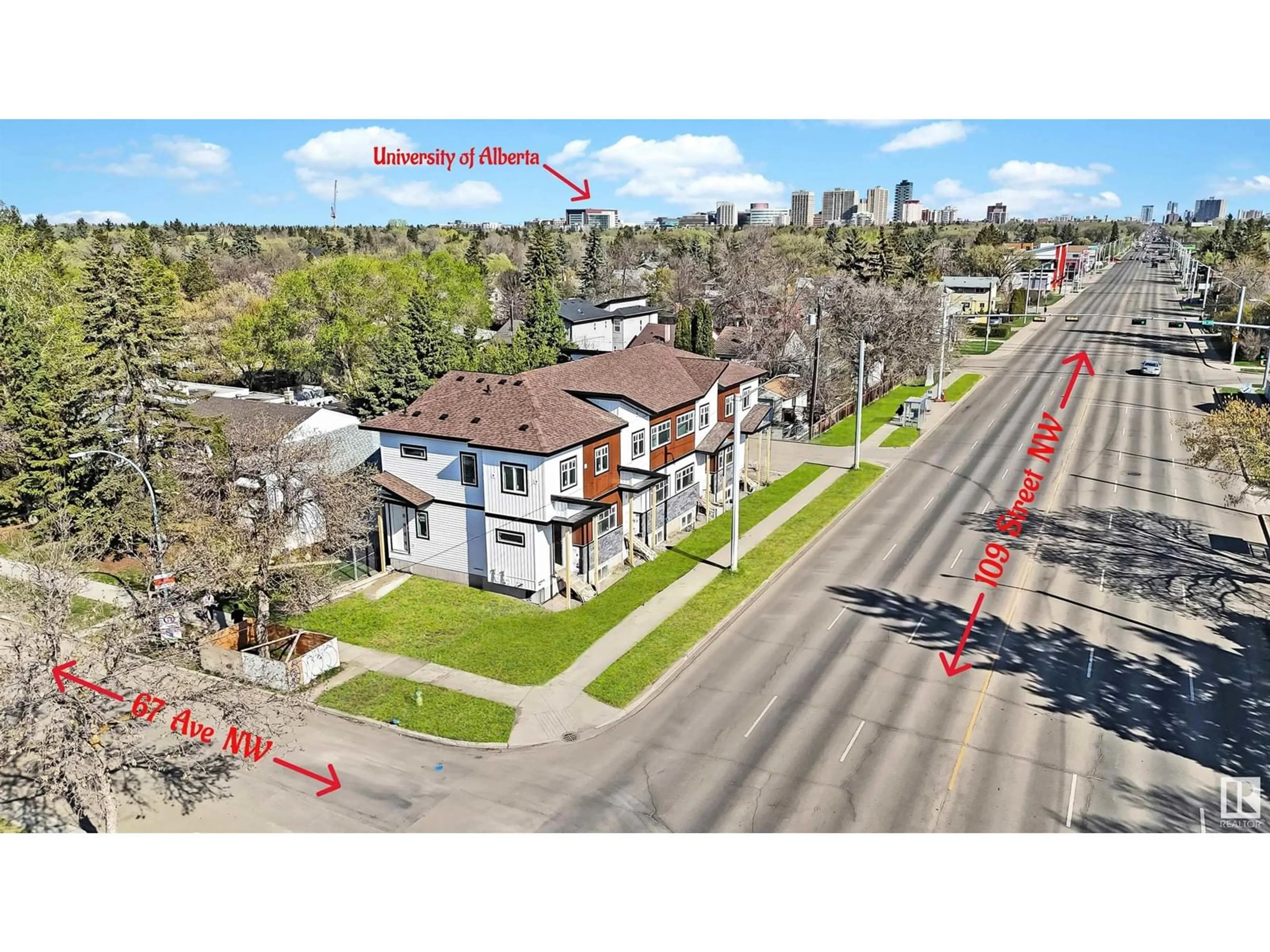 A pic from outside/outdoor area/front of a property/back of a property/a pic from drone, street for NW - 6704 109 ST, Edmonton Alberta T6H2A4