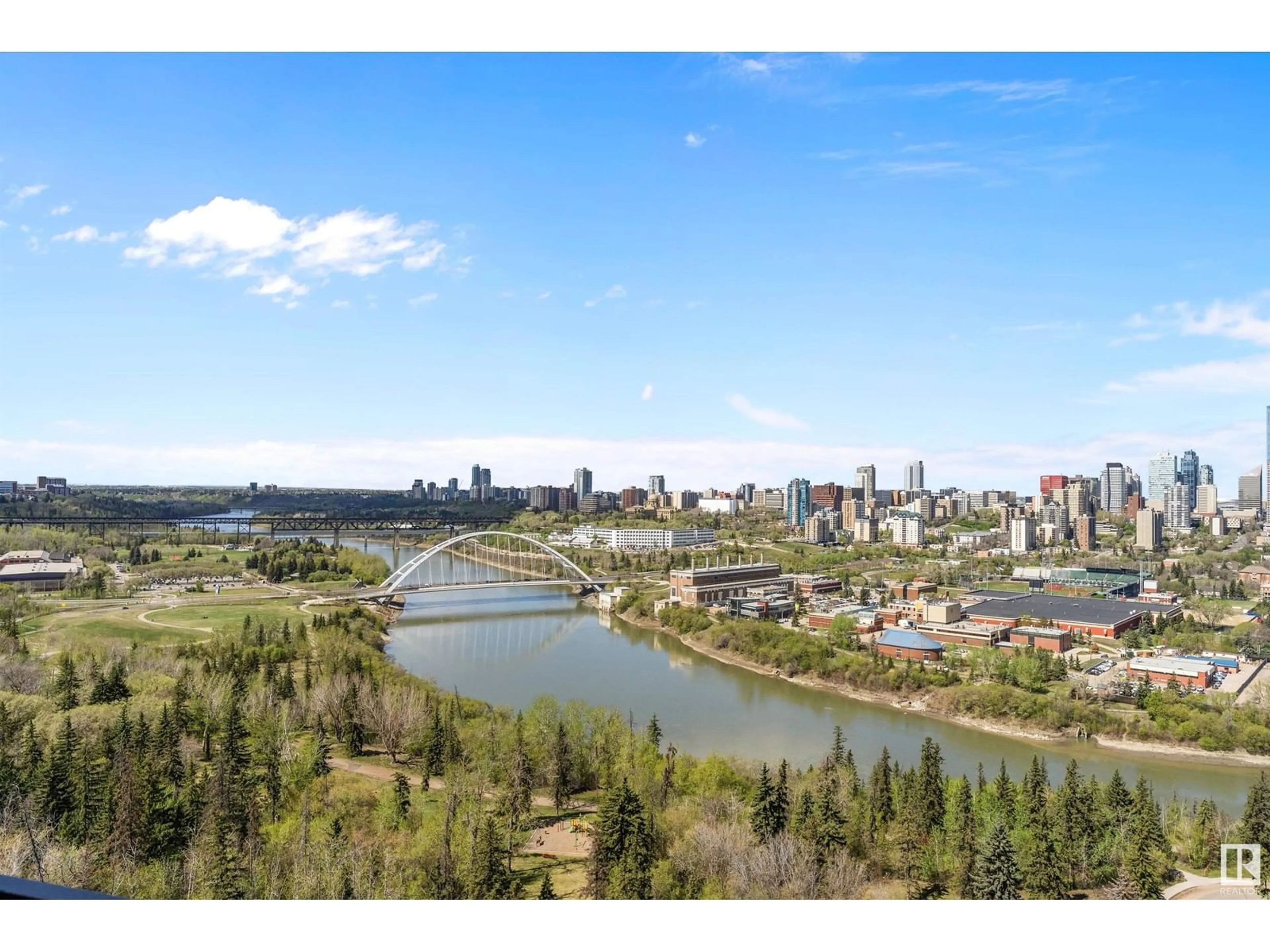 A pic from outside/outdoor area/front of a property/back of a property/a pic from drone, water/lake/river/ocean view for #1504 - 10135 SASKATCHEWAN DR, Edmonton Alberta T6E4Y9