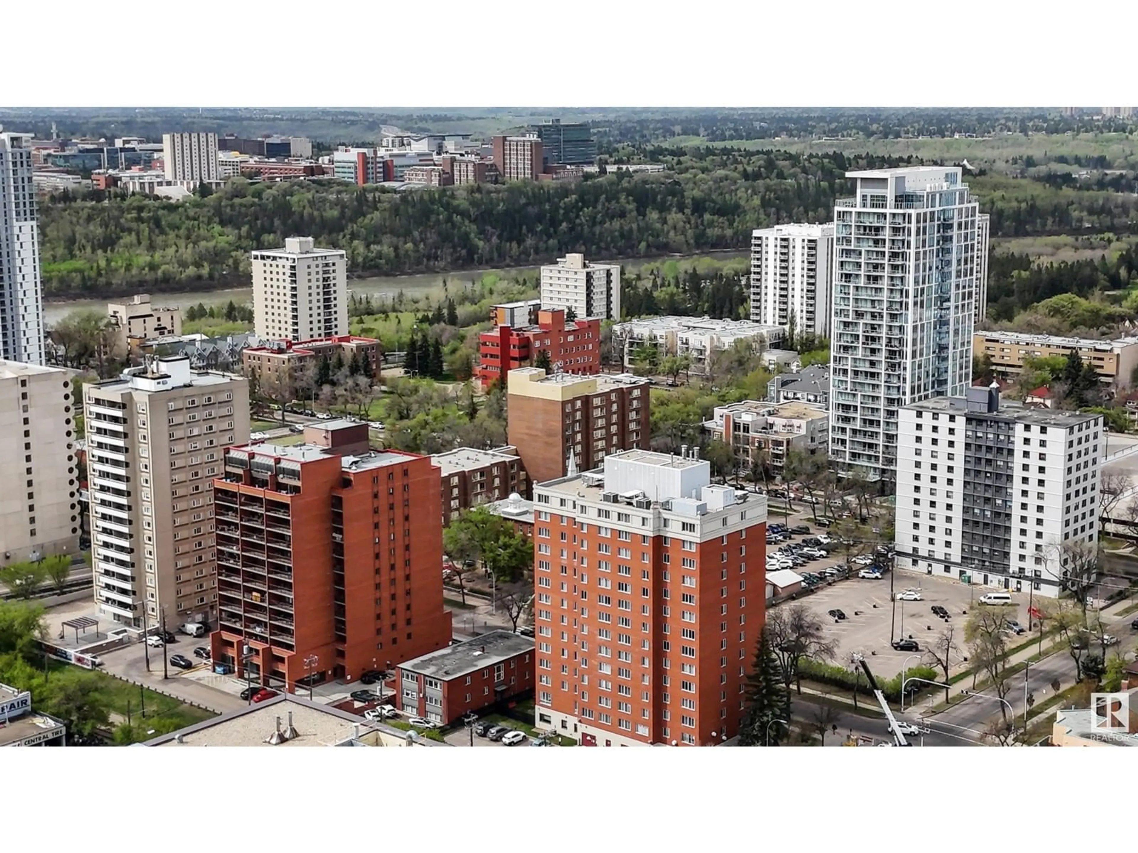 A pic from outside/outdoor area/front of a property/back of a property/a pic from drone, city buildings view from balcony for 601 - 9917 110 ST NW, Edmonton Alberta T5K2N4