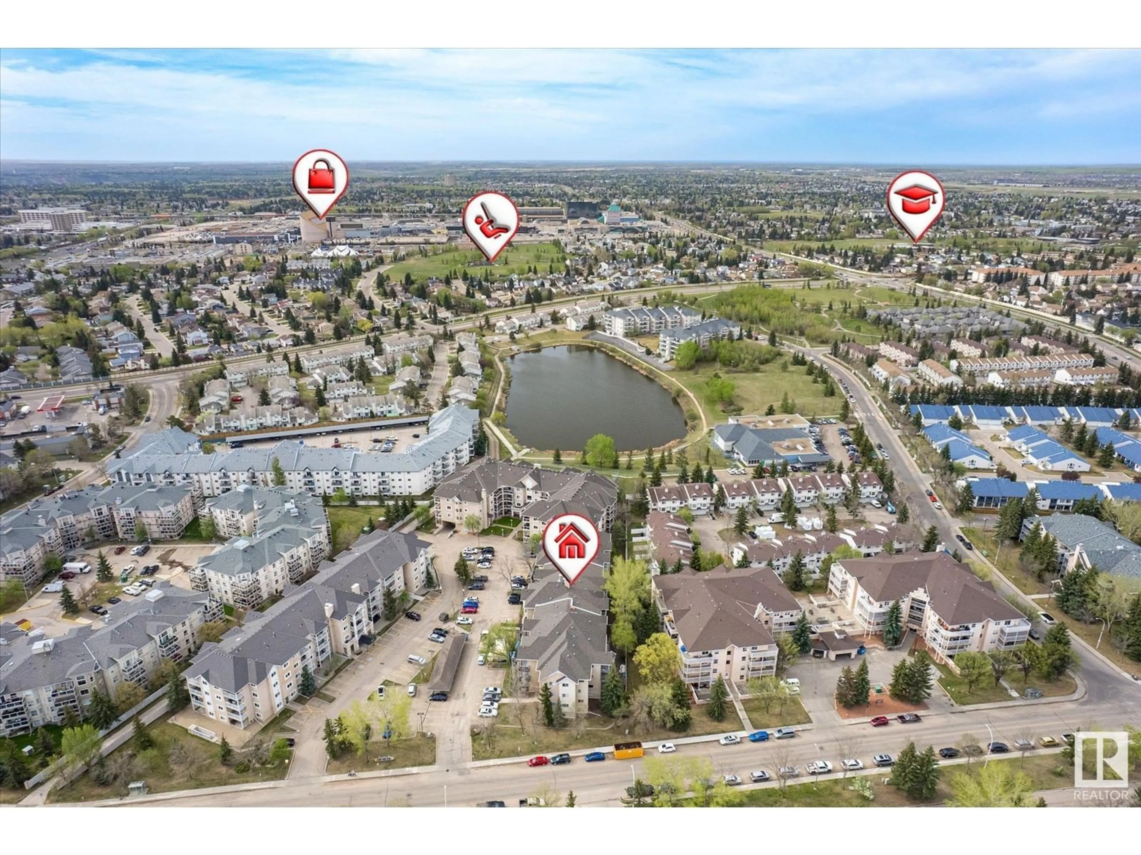 A pic from outside/outdoor area/front of a property/back of a property/a pic from drone, water/lake/river/ocean view for 307 17467 98A AV NW, Edmonton Alberta T5T6E9