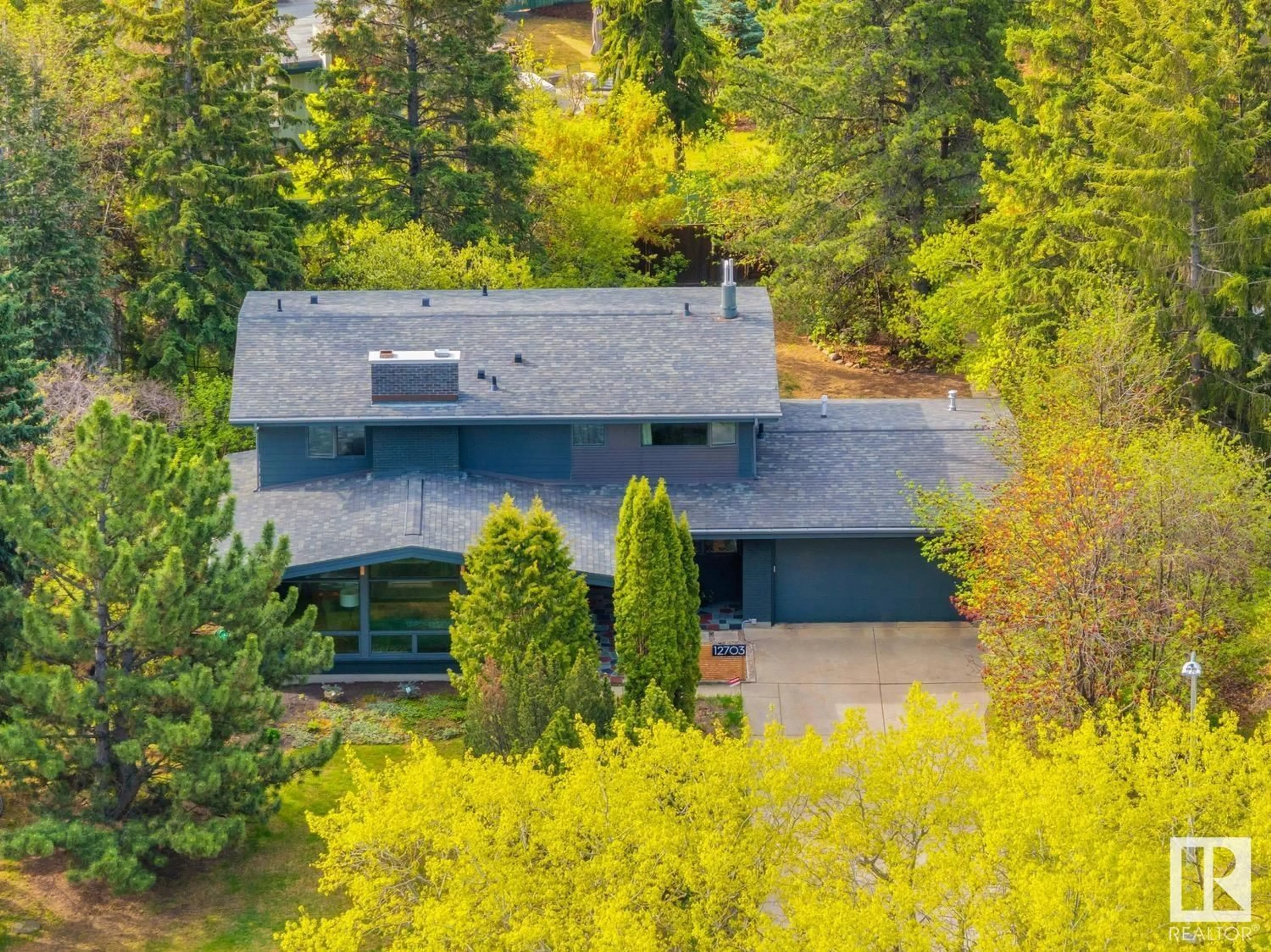 A pic from outside/outdoor area/front of a property/back of a property/a pic from drone, forest/trees view for 12703 GRAND VIEW DR, Edmonton Alberta T6H4K5
