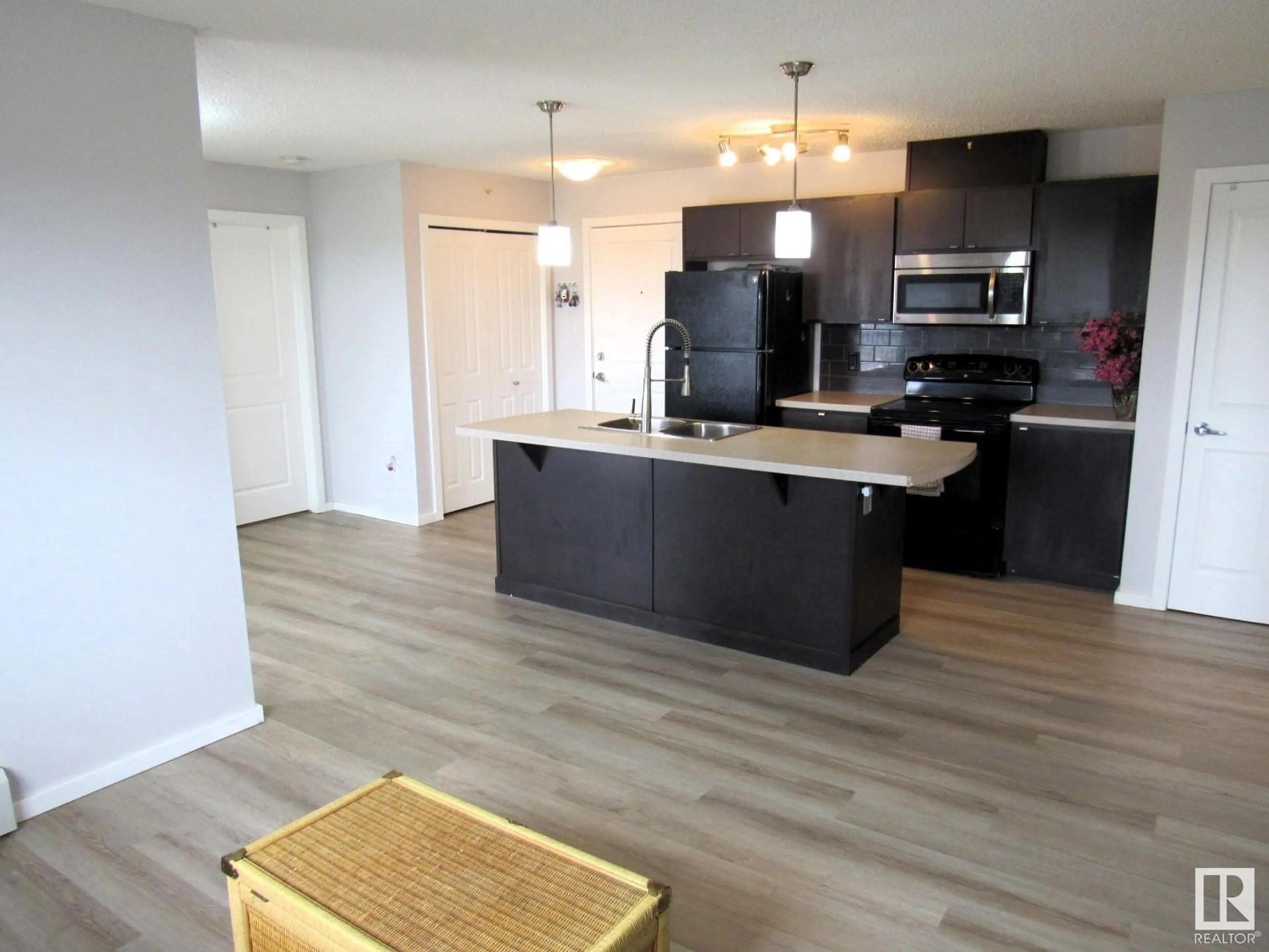 Open concept kitchen, wood/laminate floor for #453 - 1196 HYNDMAN RD, Edmonton Alberta T5A0X8