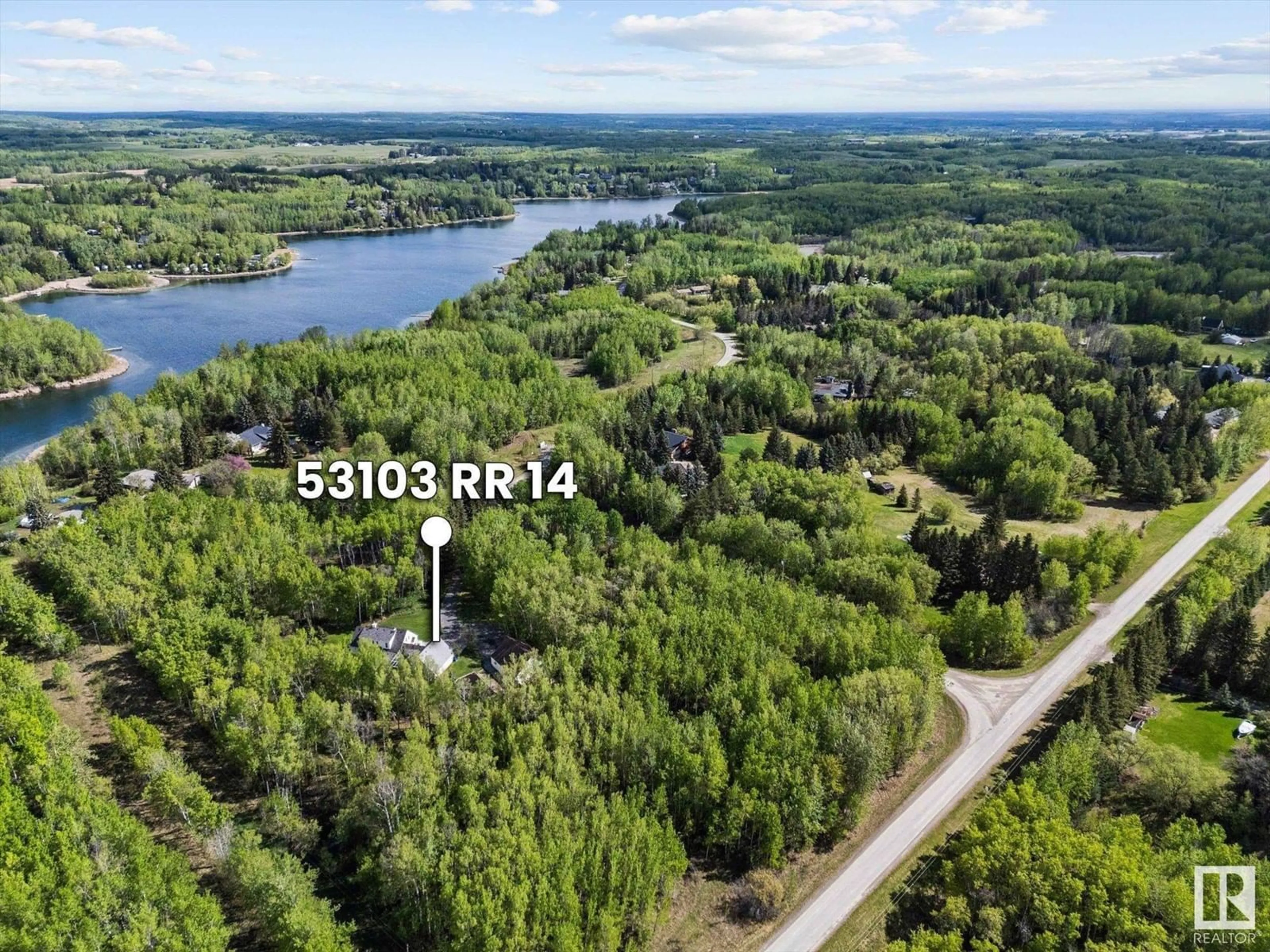 A pic from outside/outdoor area/front of a property/back of a property/a pic from drone, water/lake/river/ocean view for #2 - 53103 RGE ROAD 14, Rural Parkland County Alberta T7Y2T3