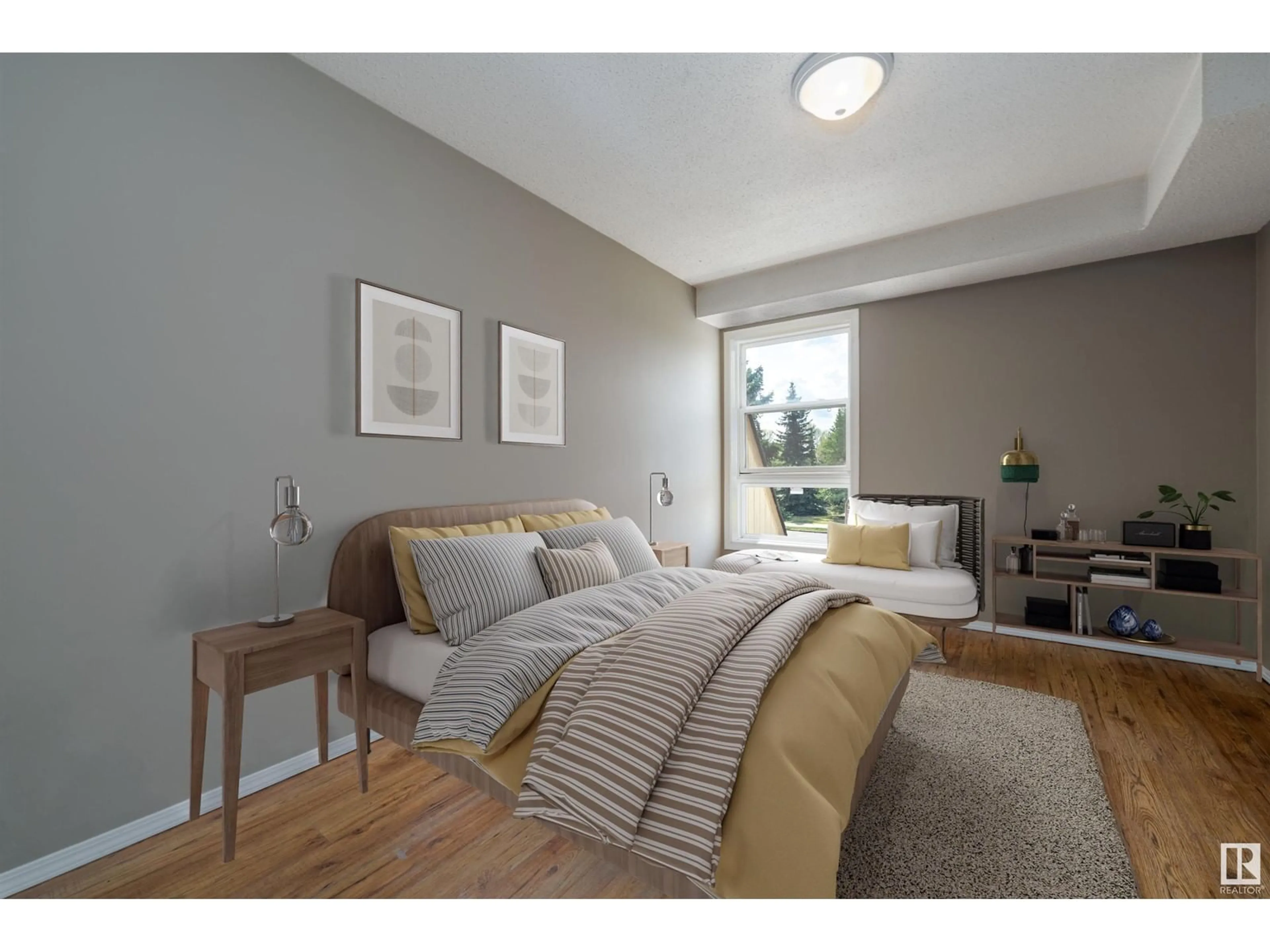 Bedroom with bed, wood/laminate floor for #201 - 10524 29 AV, Edmonton Alberta T6J4J2